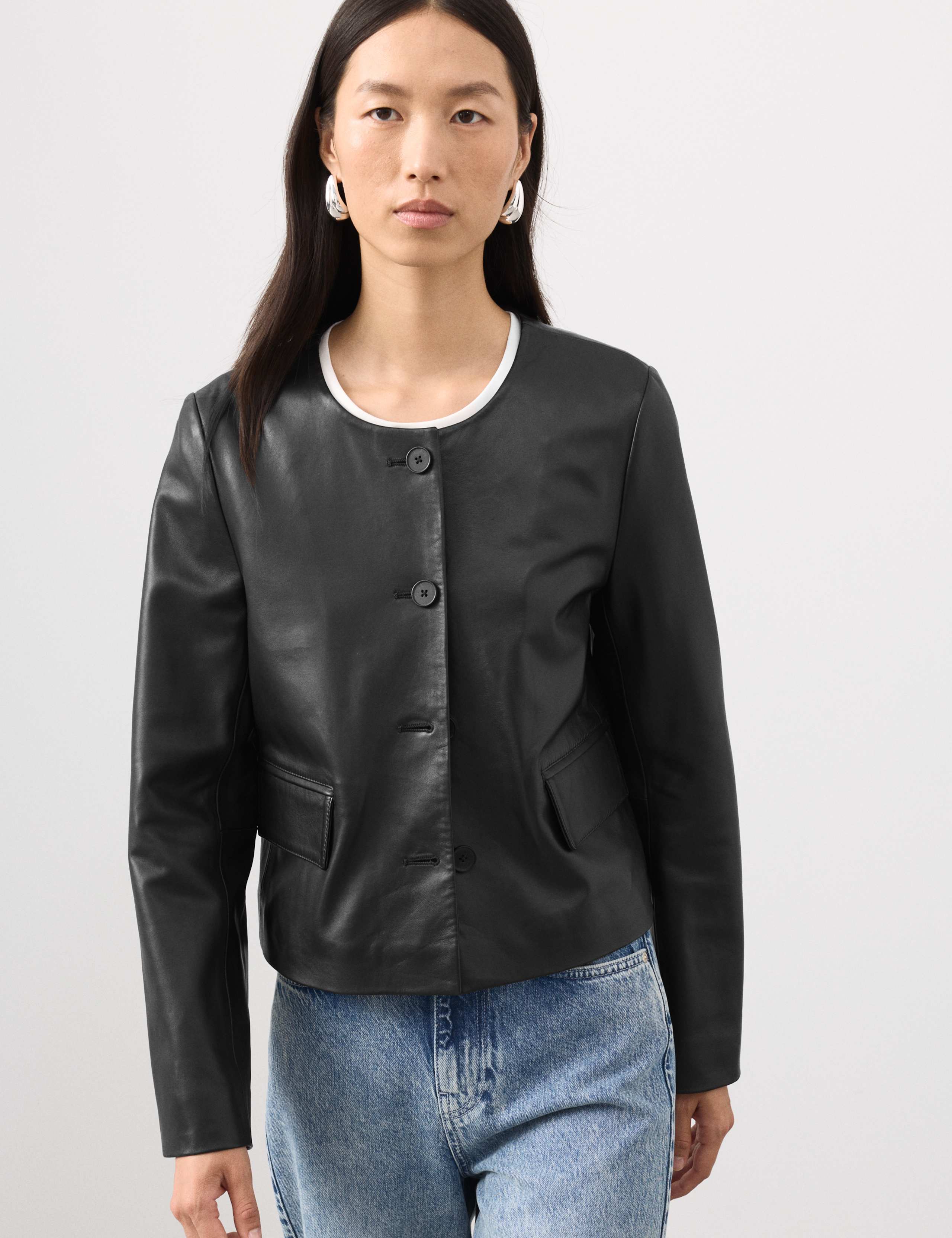 Leather Collarless Jacket 4 of 6