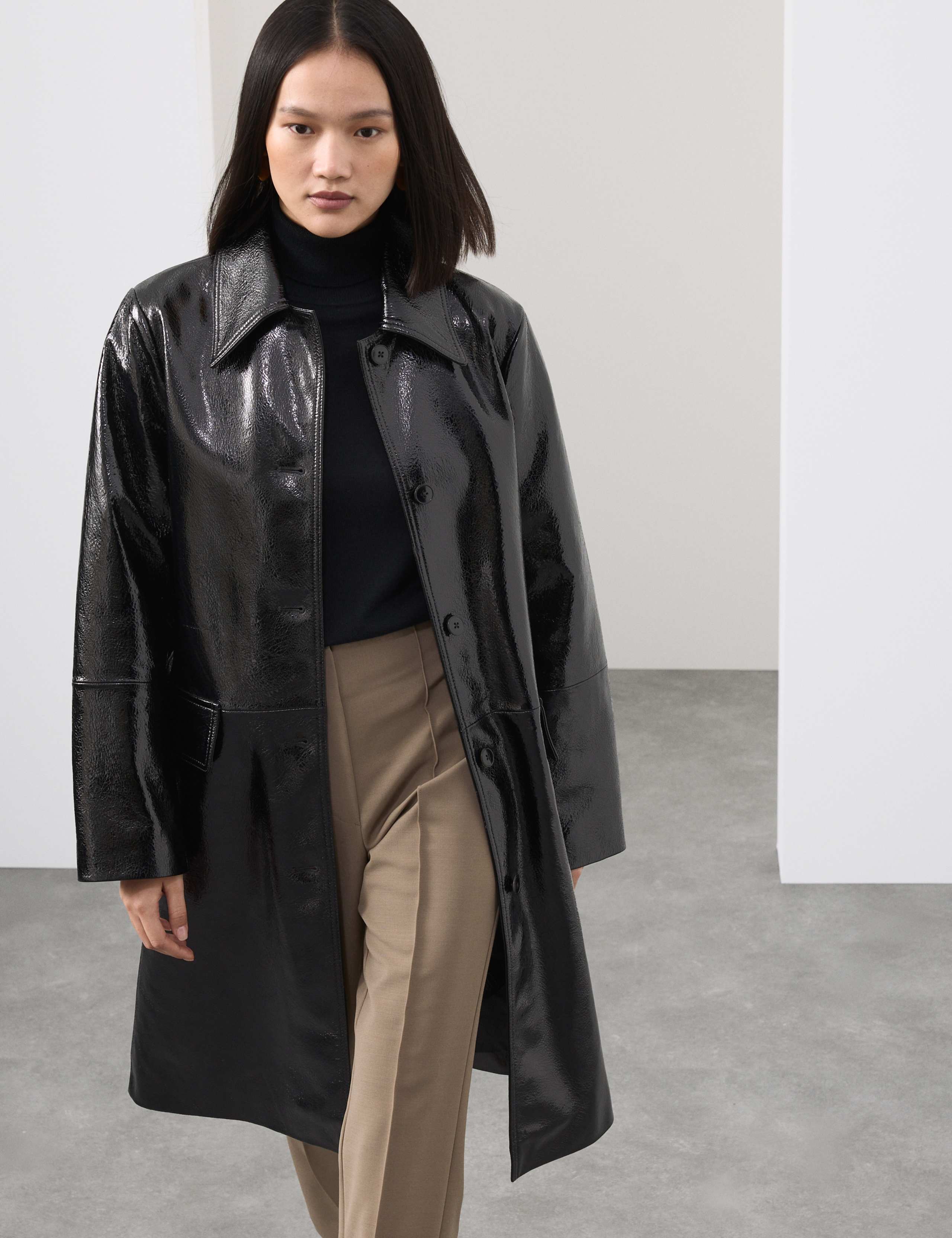 Leather Patent Crackle Longline Car Coat 4 of 8