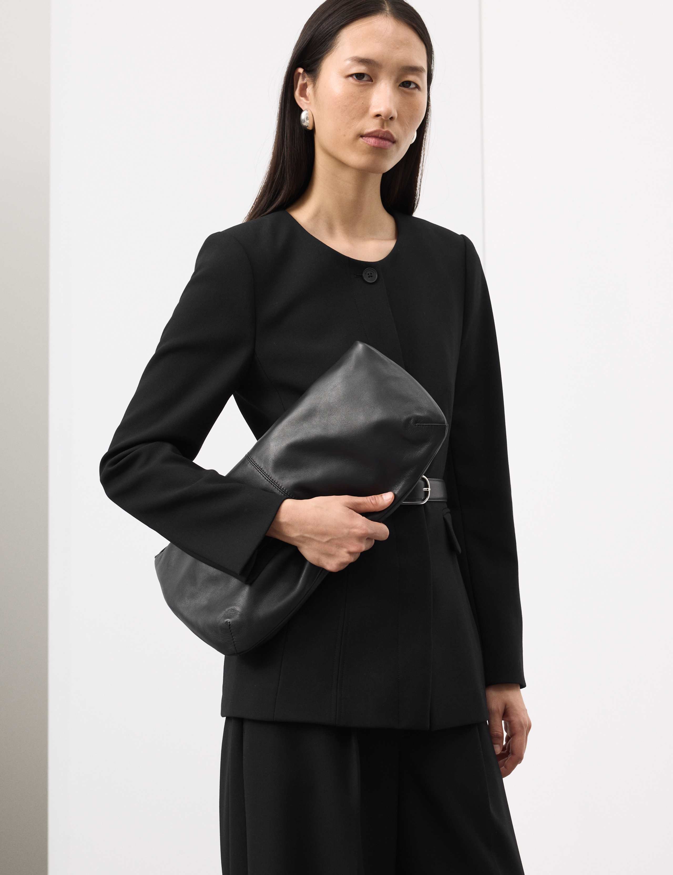 Collarless Longline Blazer with Wool 1 of 7