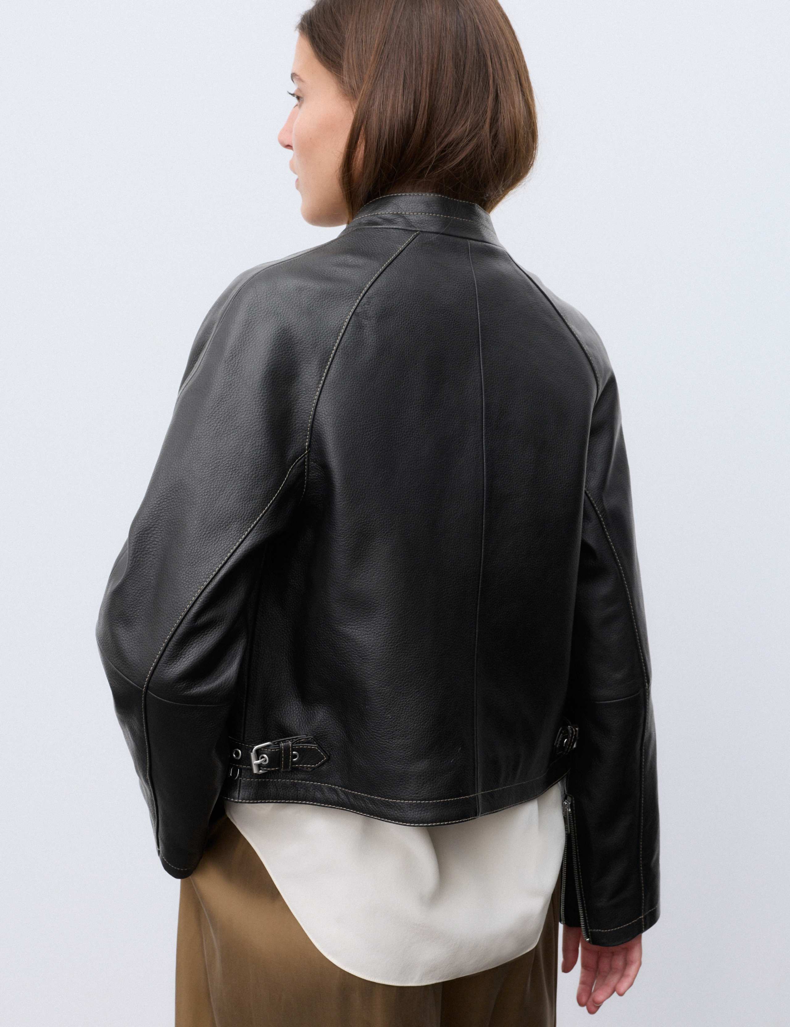 Leather Collarless Cropped Biker Jacket 3 of 7