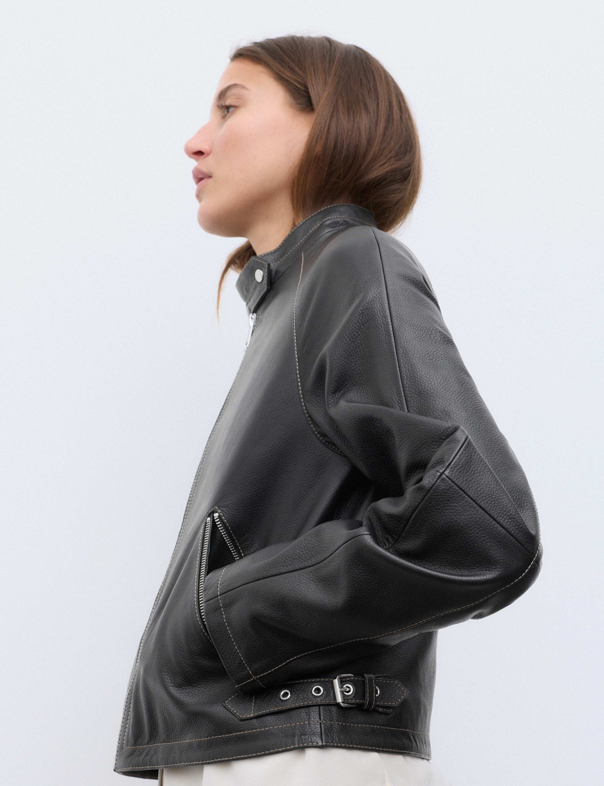 Leather Collarless Cropped Biker Jacket 5 of 7