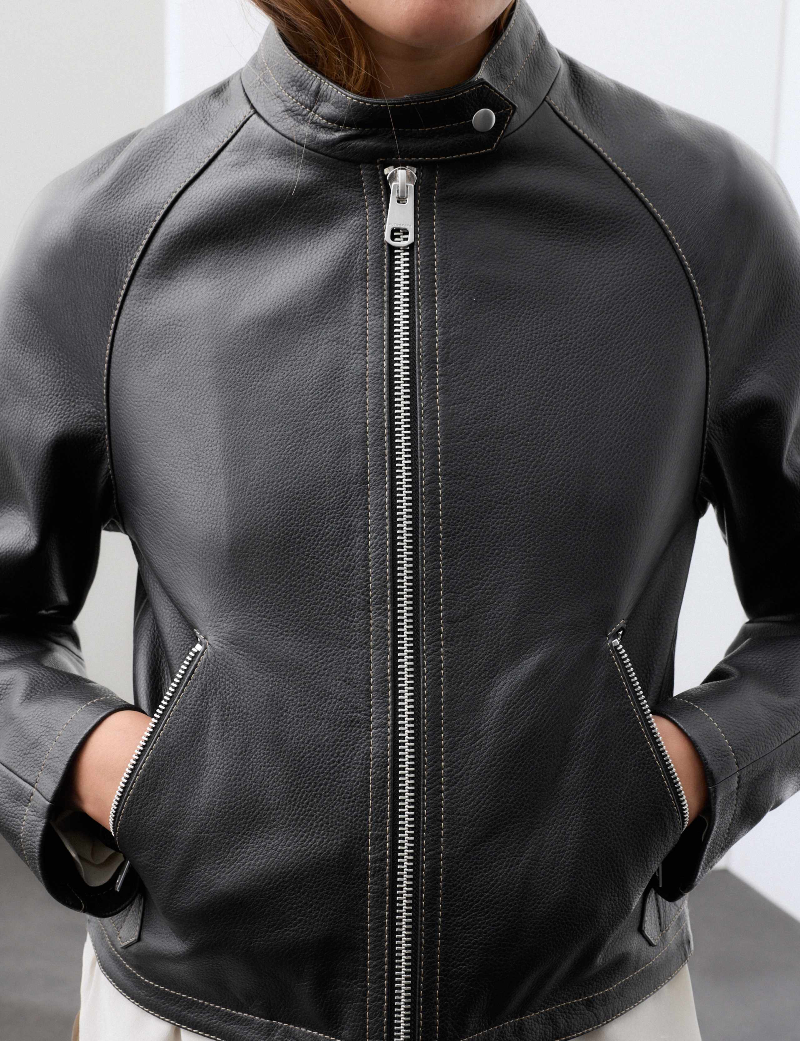Leather Collarless Cropped Biker Jacket 6 of 7