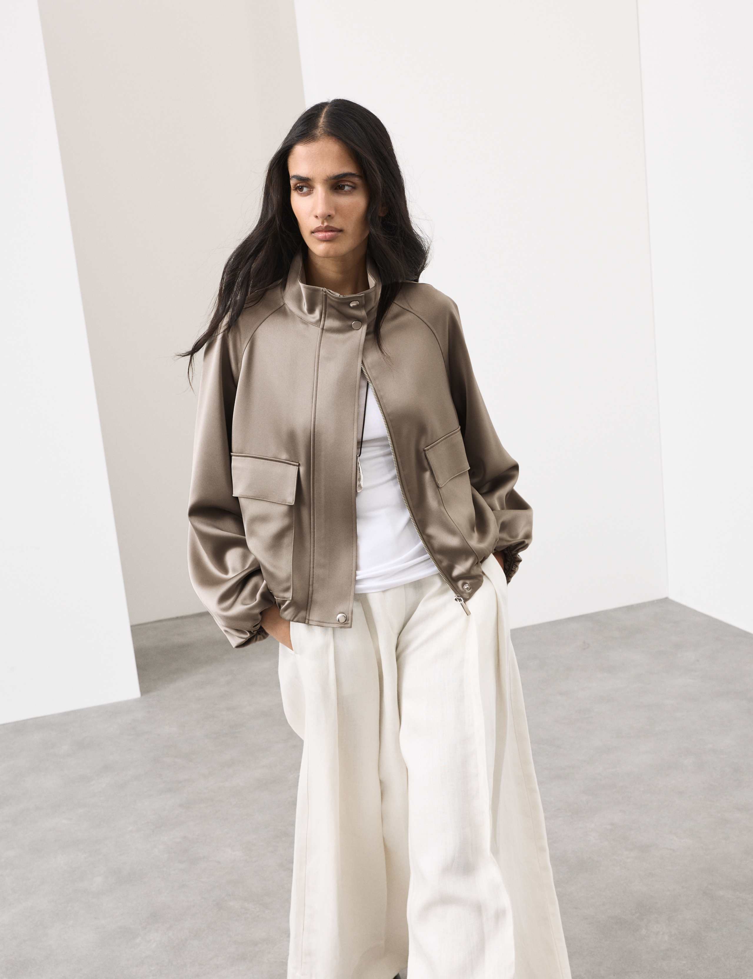 Satin Lightweight Funnel Neck Bomber Jacket 1 of 7