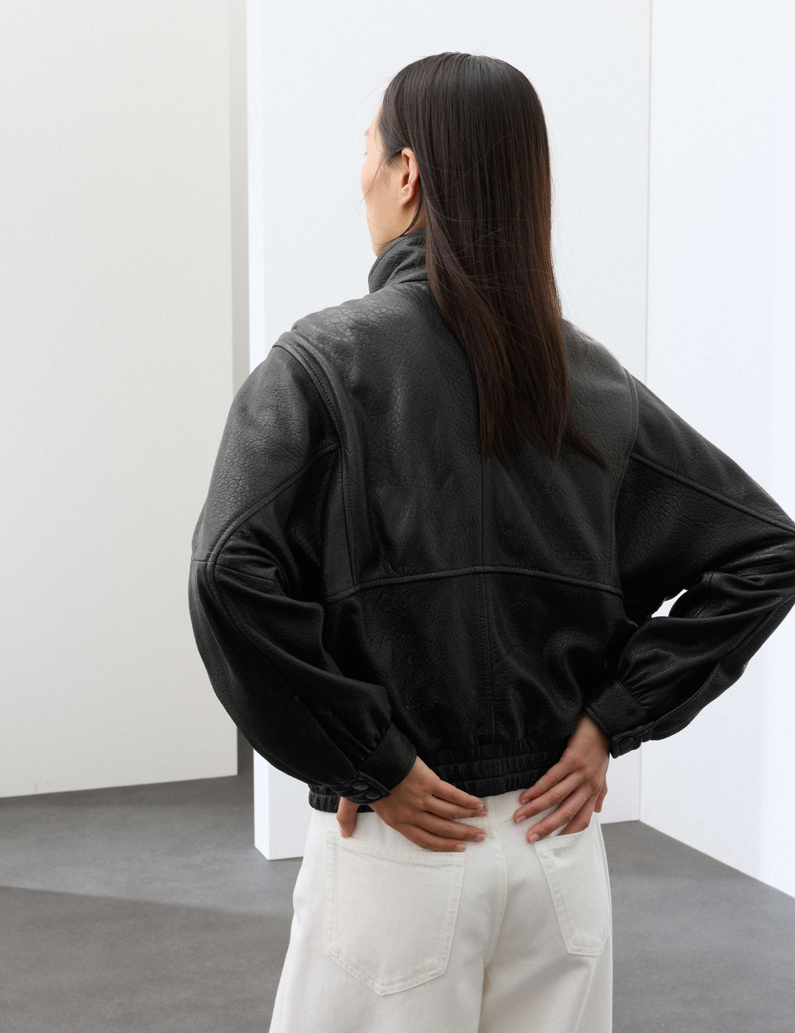 Leather Funnel Neck Bomber Jacket 3 of 7