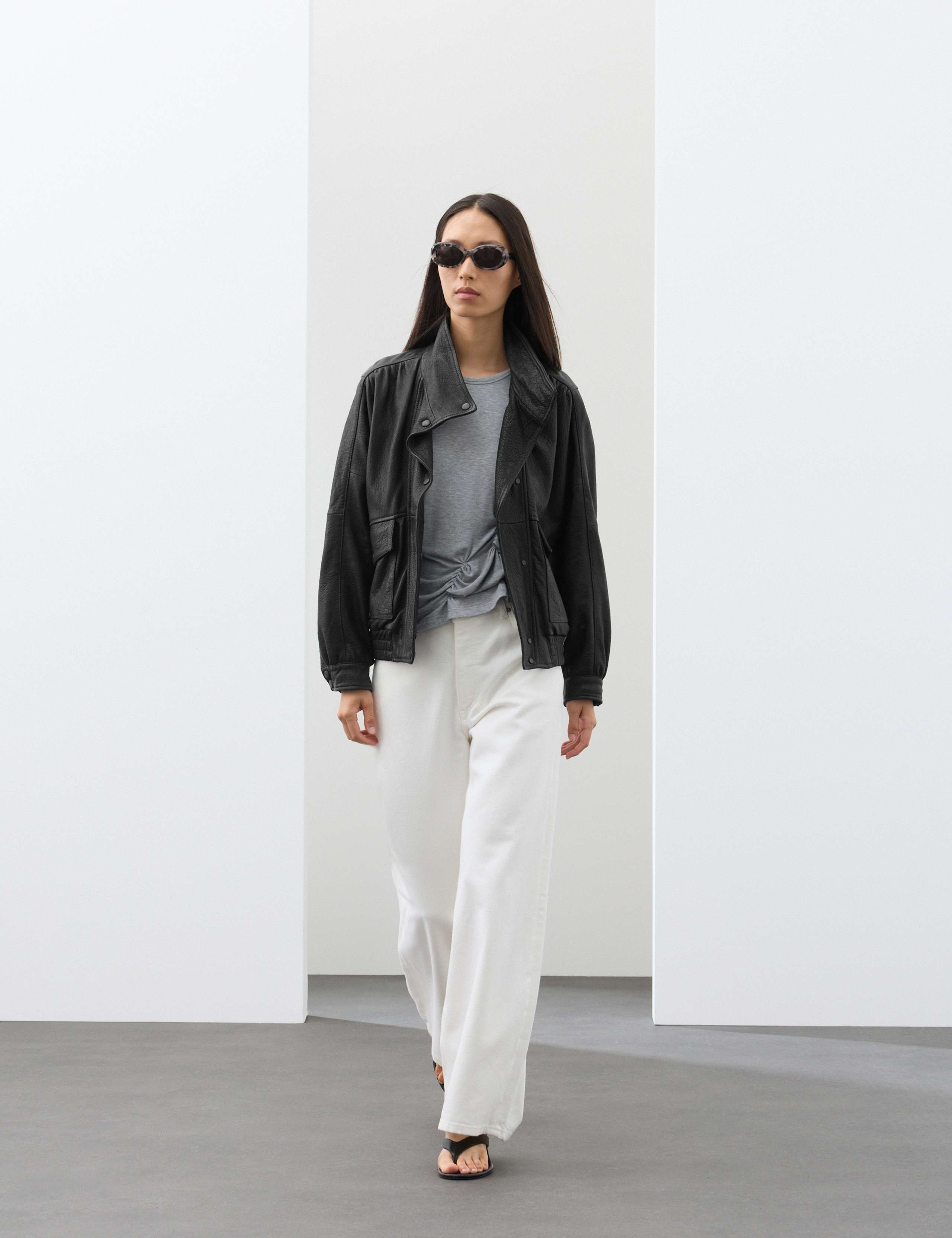 Leather Funnel Neck Bomber Jacket 4 of 7