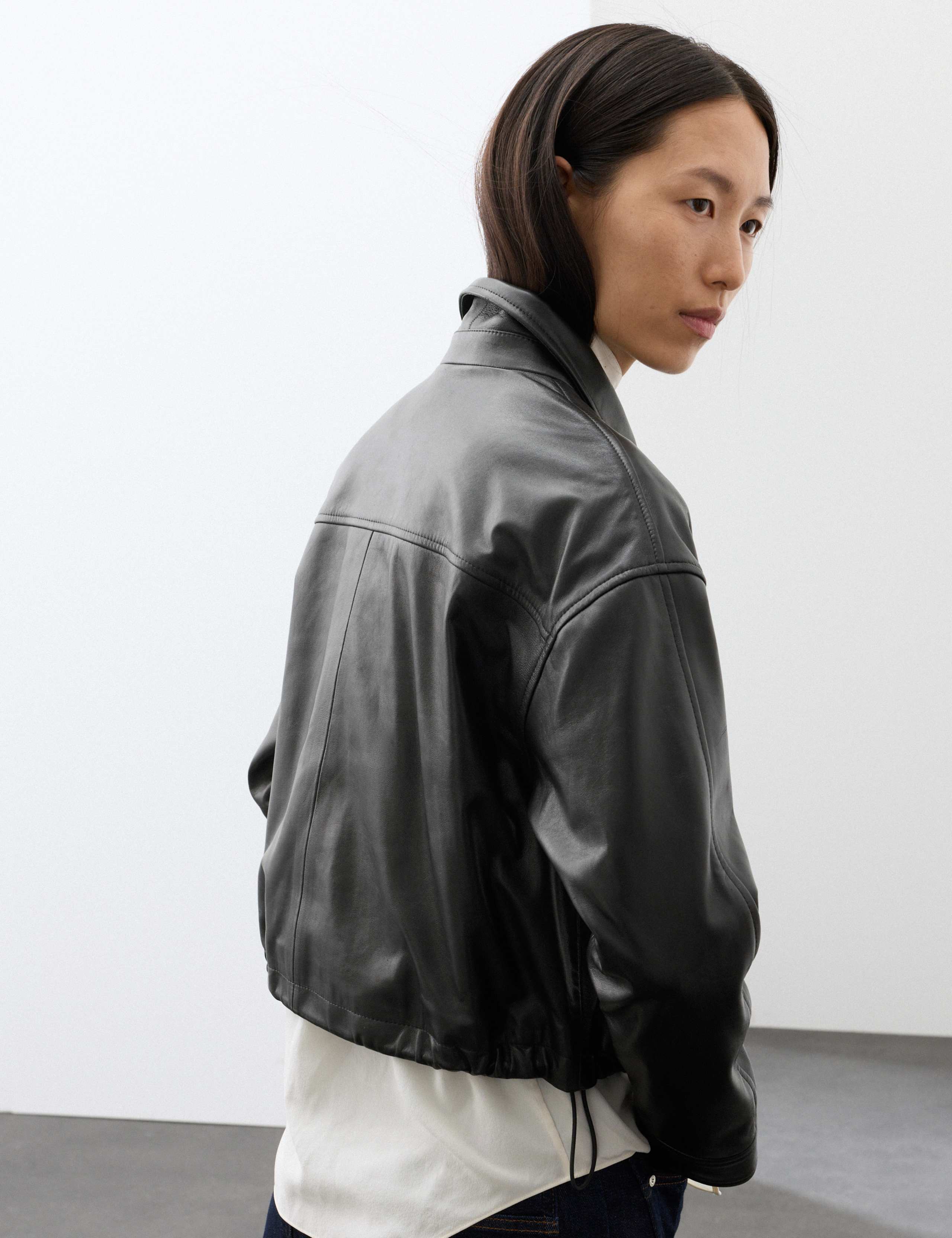 Leather High Shine Collared Cropped Biker Jacket 3 of 7
