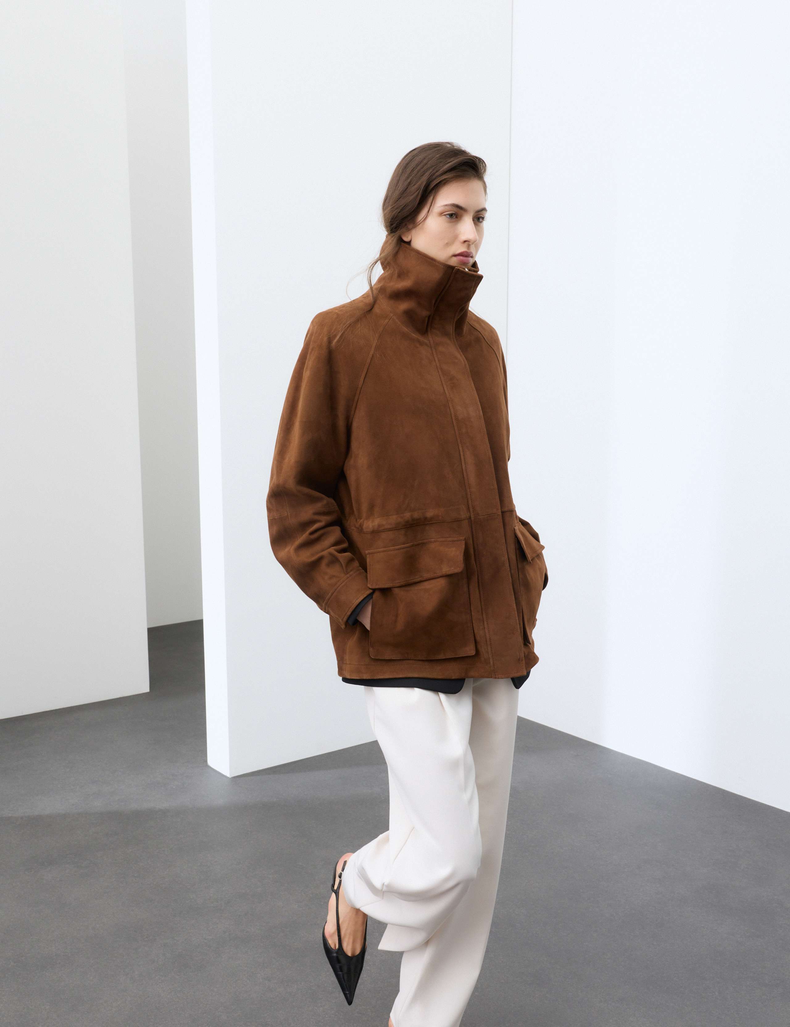 Suede Funnel Neck Longline Jacket 1 of 8