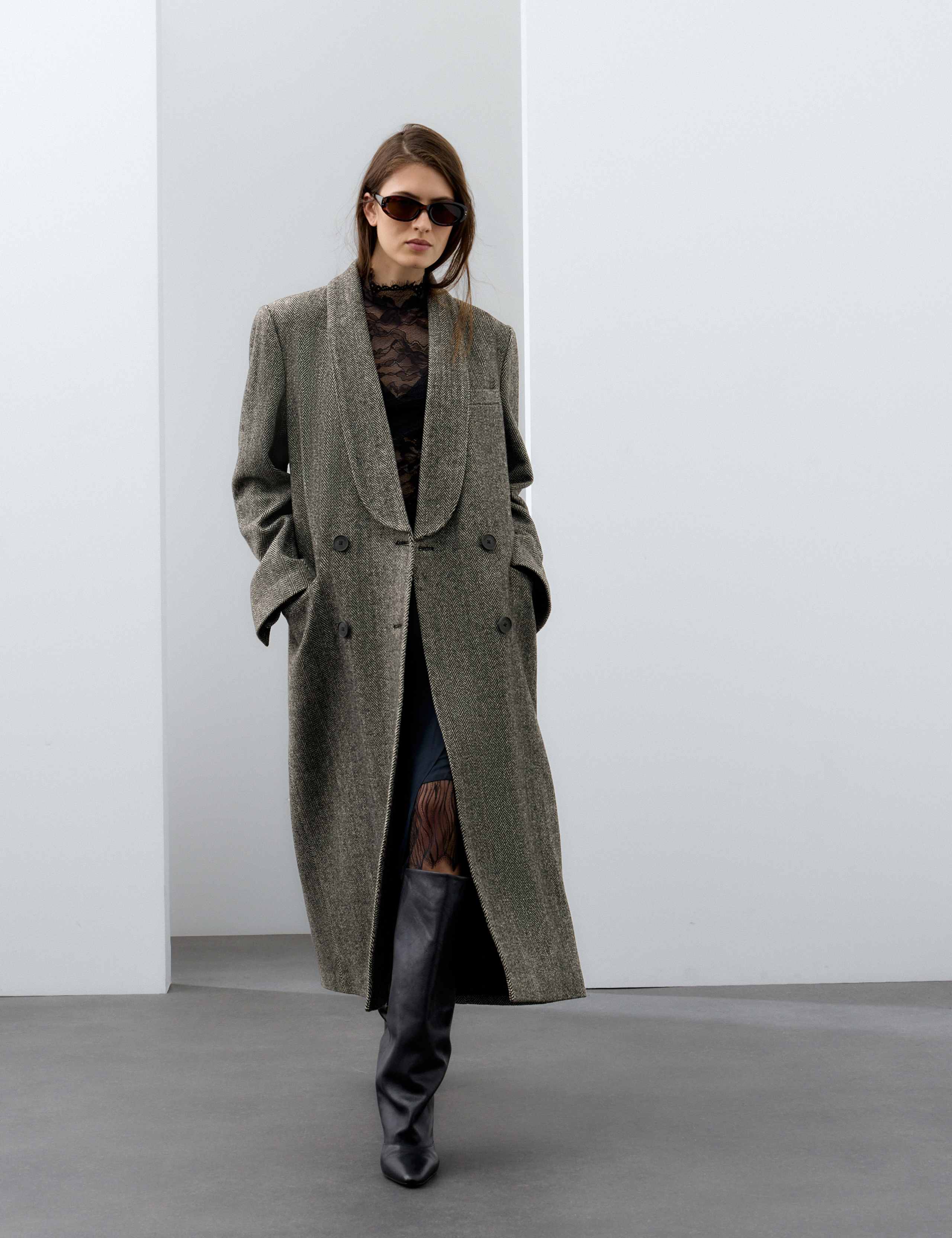 Wool Blend Herringbone Longline Tailored Coat 4 of 7