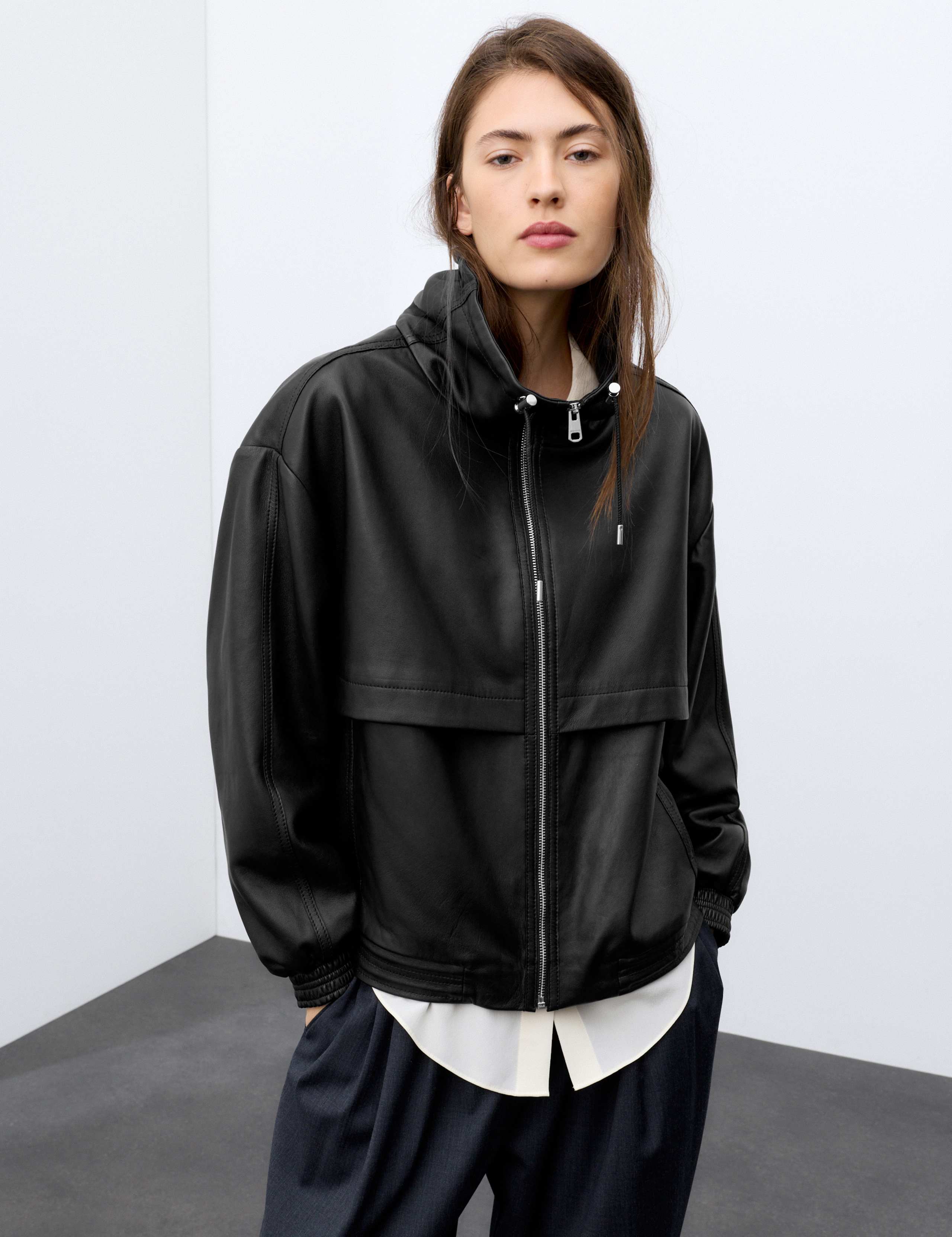 Leather Funnel Neck Faux Fur Trim Bomber Jacket 1 of 7