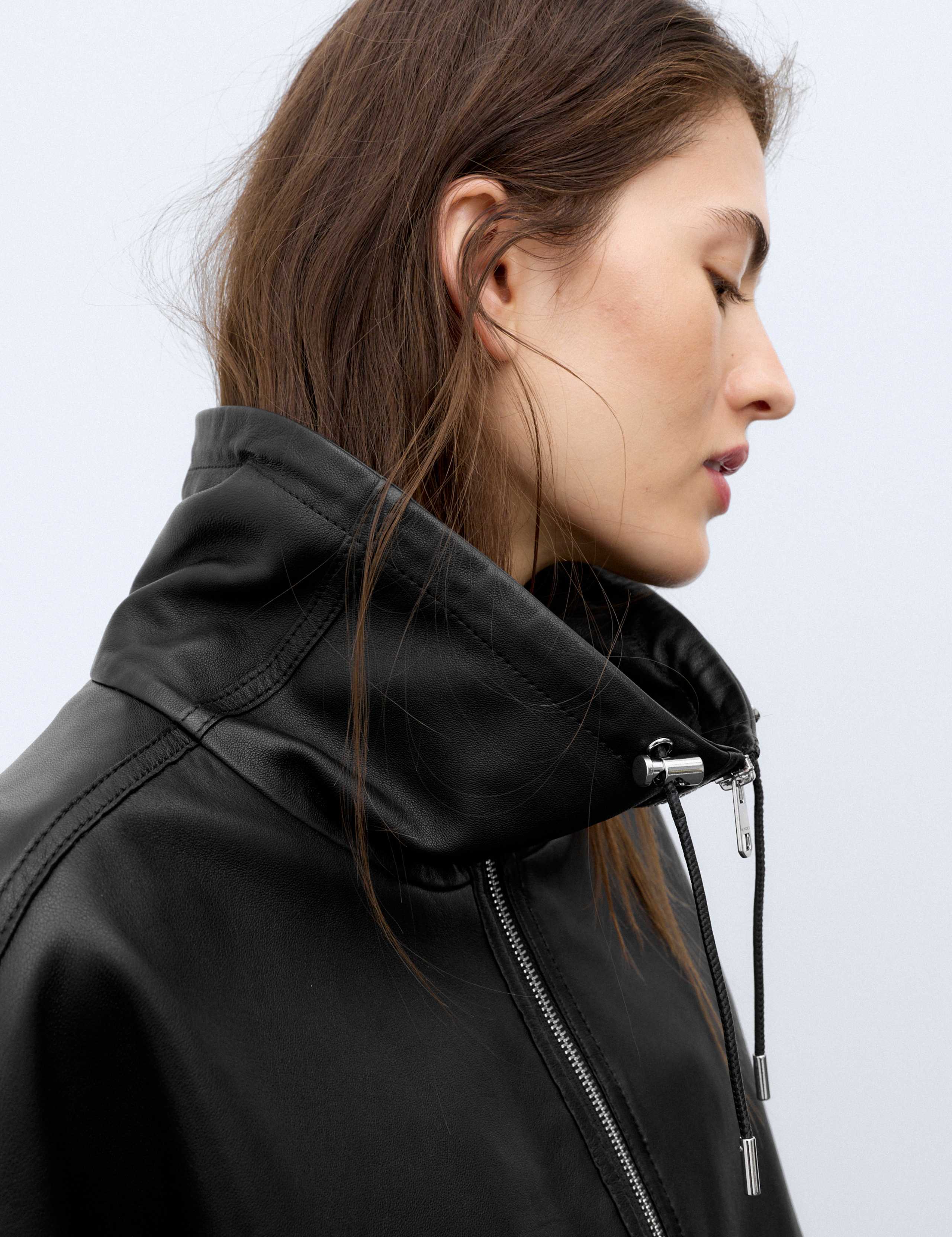 Leather Funnel Neck Faux Fur Trim Bomber Jacket 7 of 7