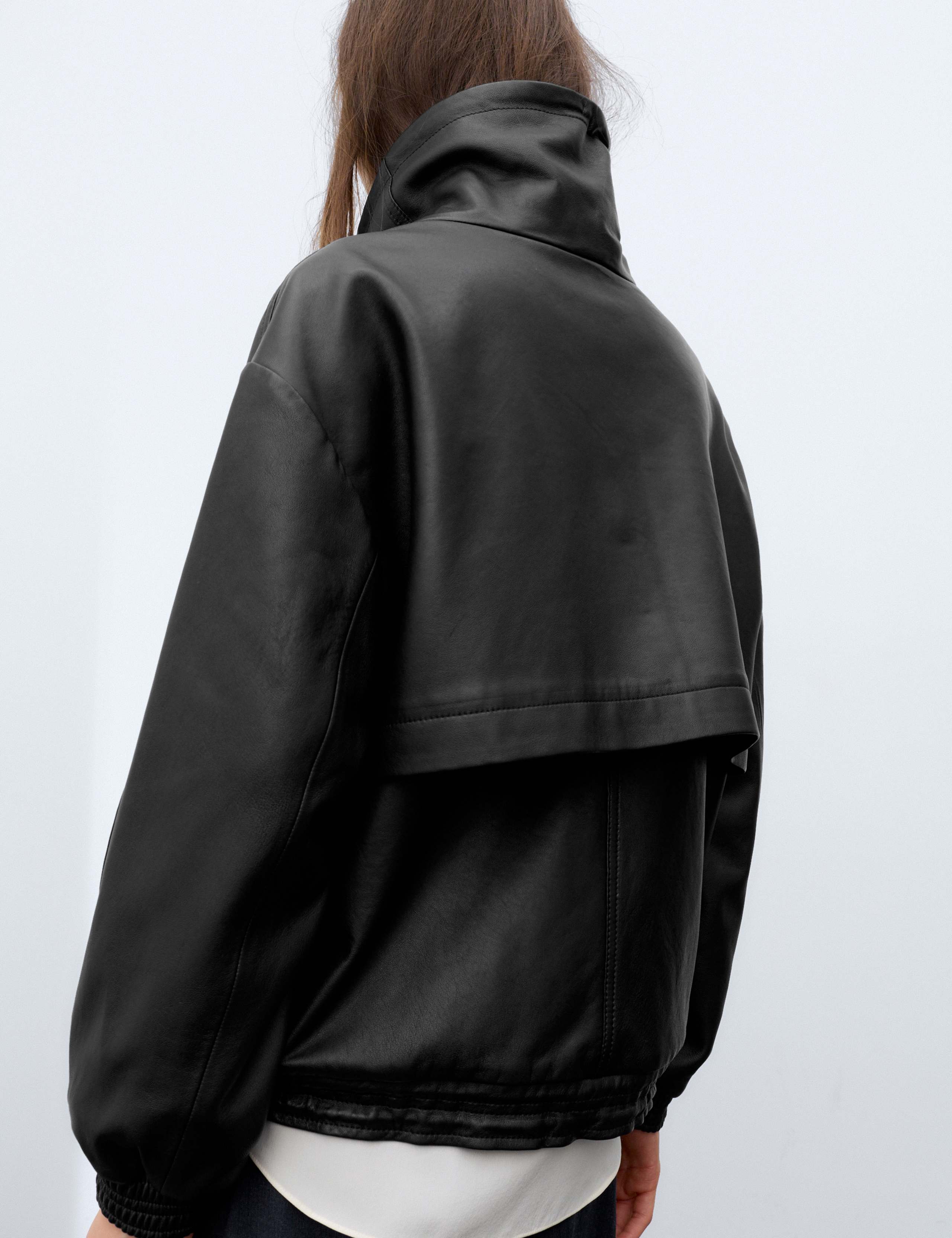 Leather Funnel Neck Faux Fur Trim Bomber Jacket 3 of 7