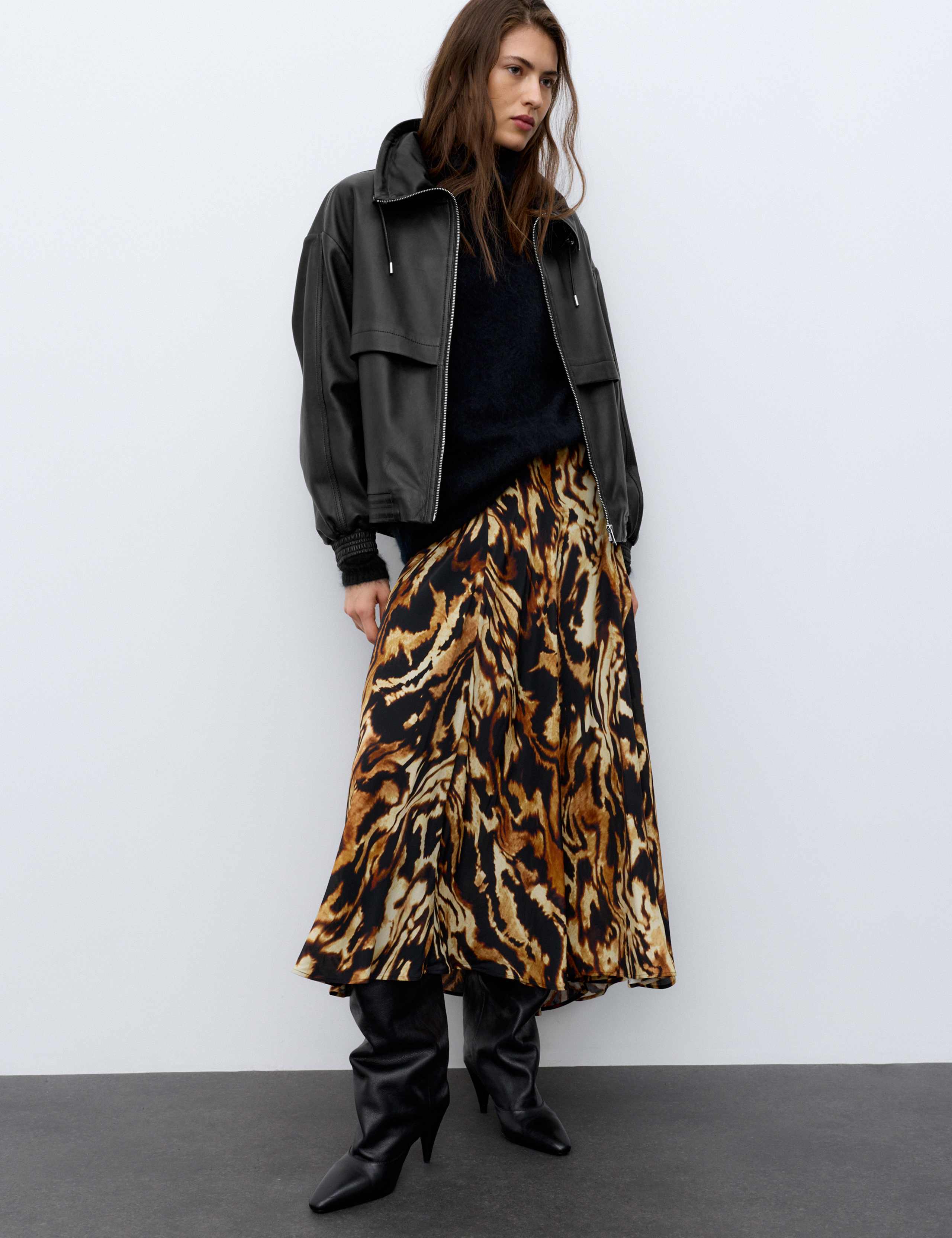 Leather Funnel Neck Faux Fur Trim Bomber Jacket 4 of 7