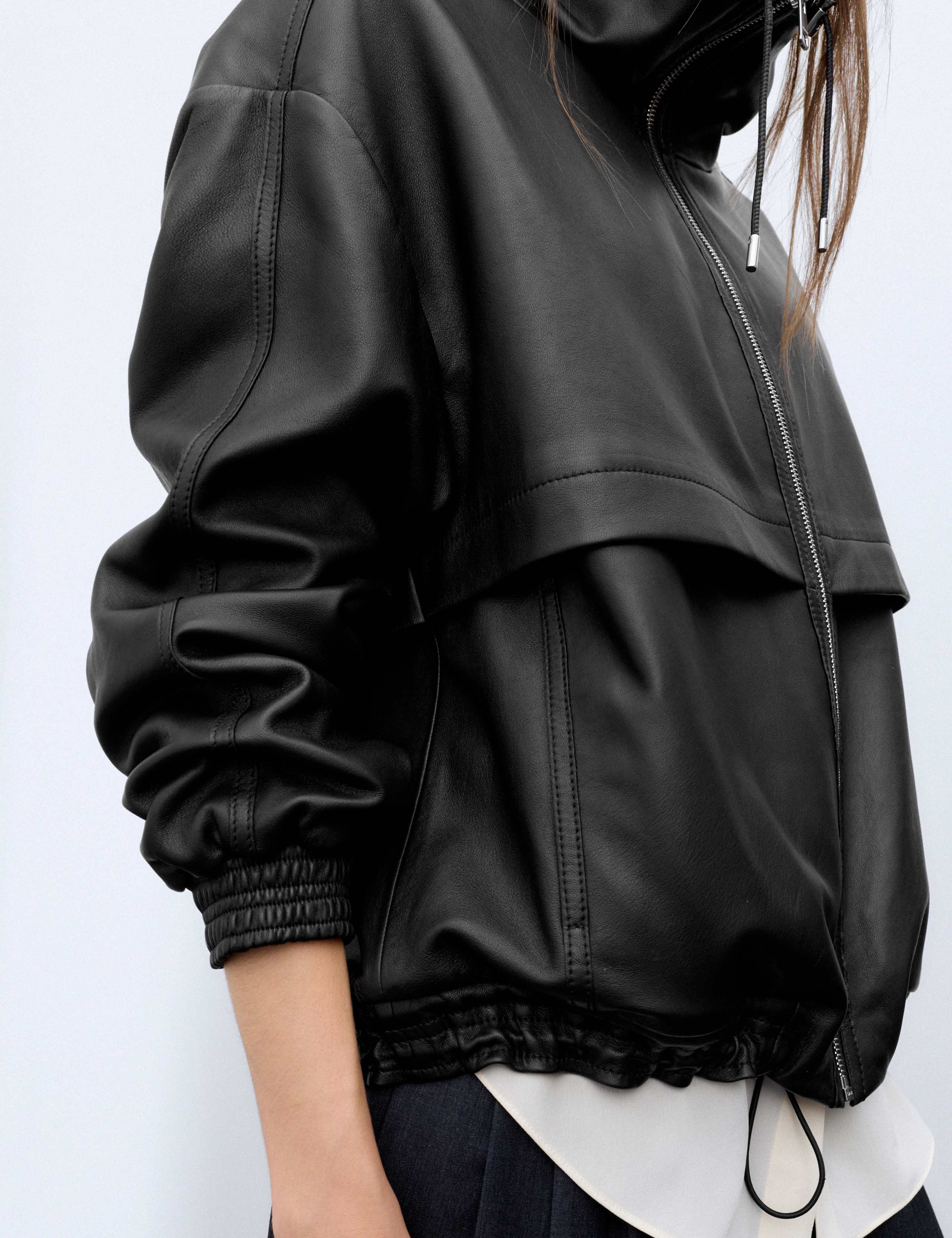 Leather Funnel Neck Faux Fur Trim Bomber Jacket 5 of 7