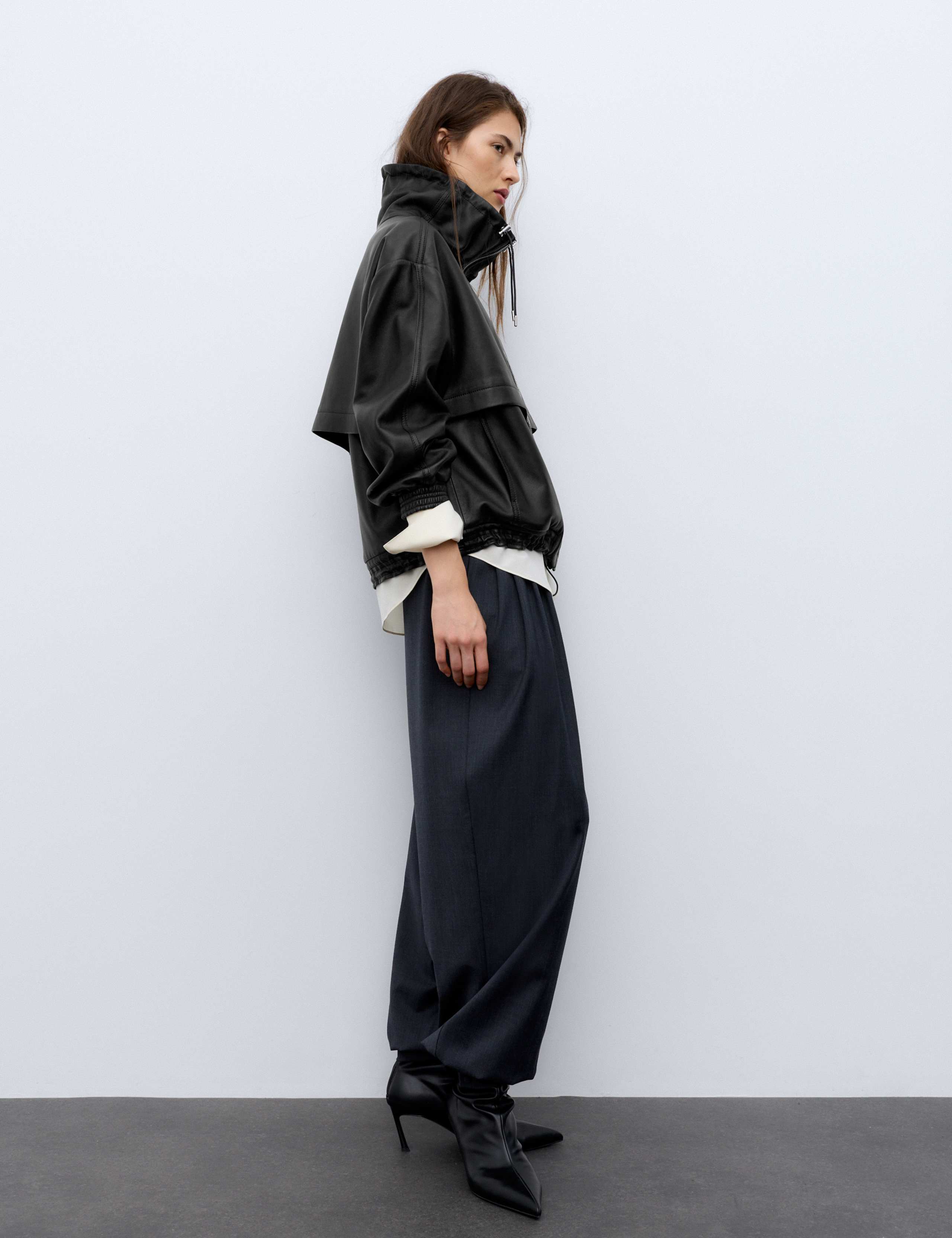 Leather Funnel Neck Faux Fur Trim Bomber Jacket 6 of 7