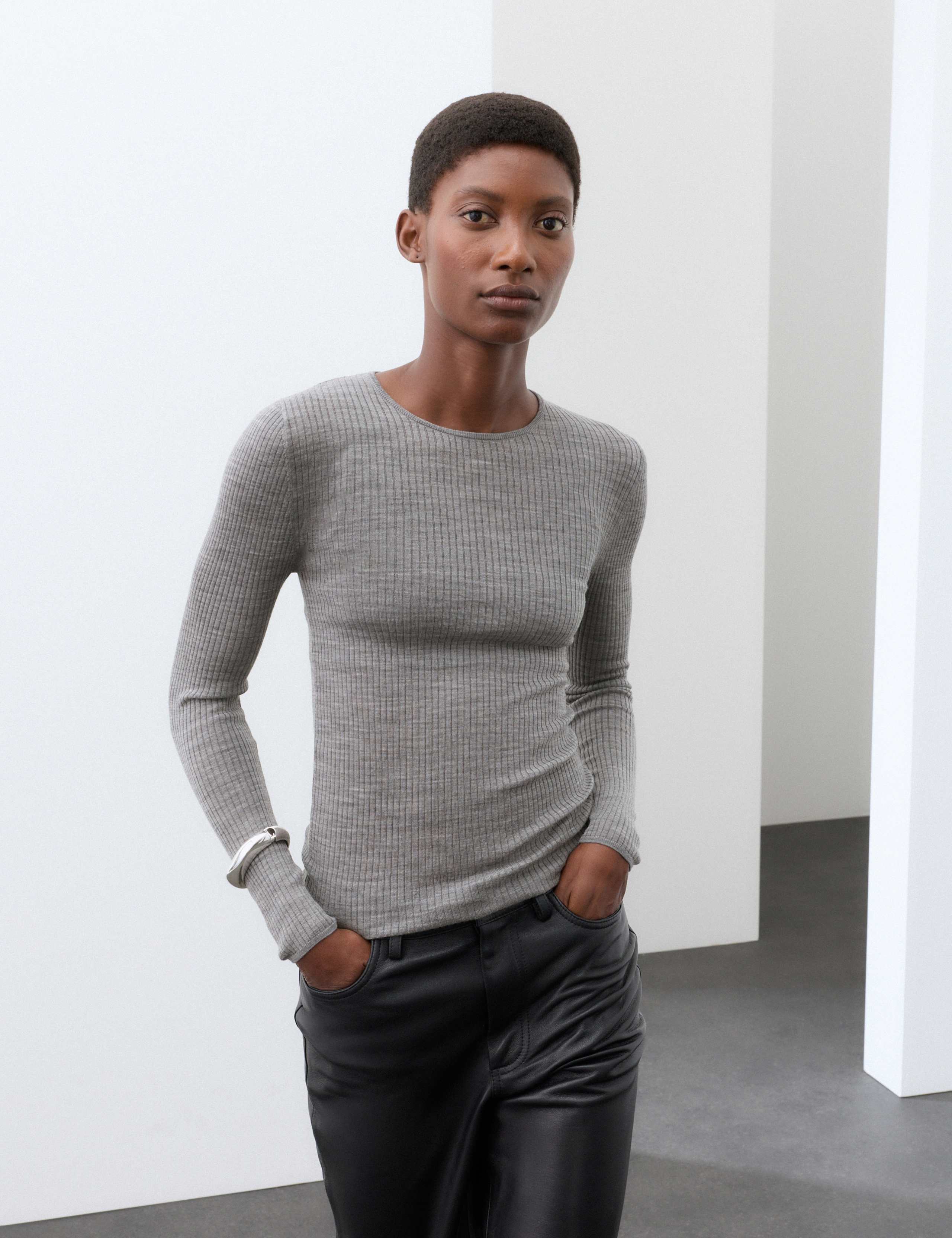 Pure Merino Wool Ribbed Long Sleeve Top 1 of 6