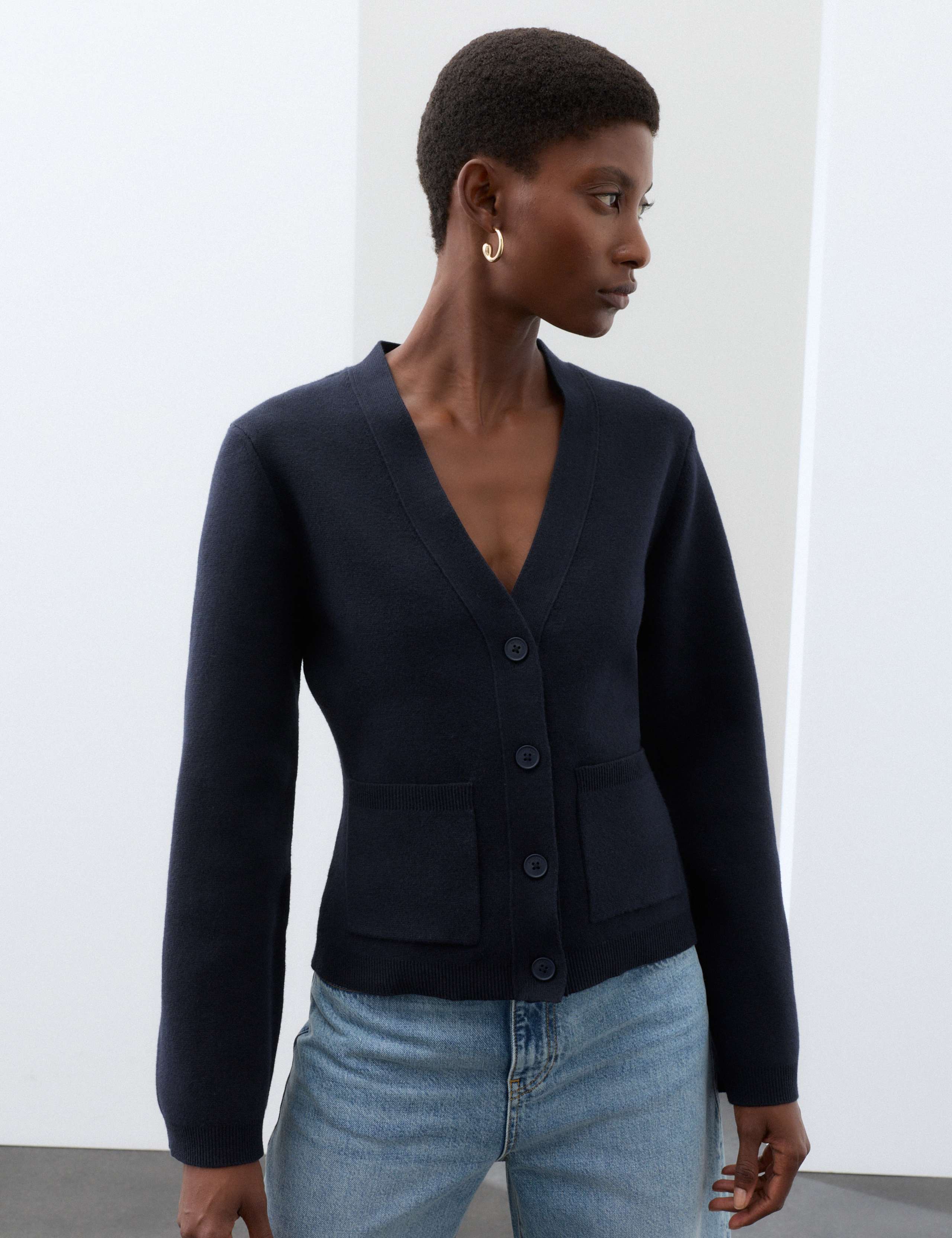 Cotton Blend V-Neck Cardigan 1 of 6