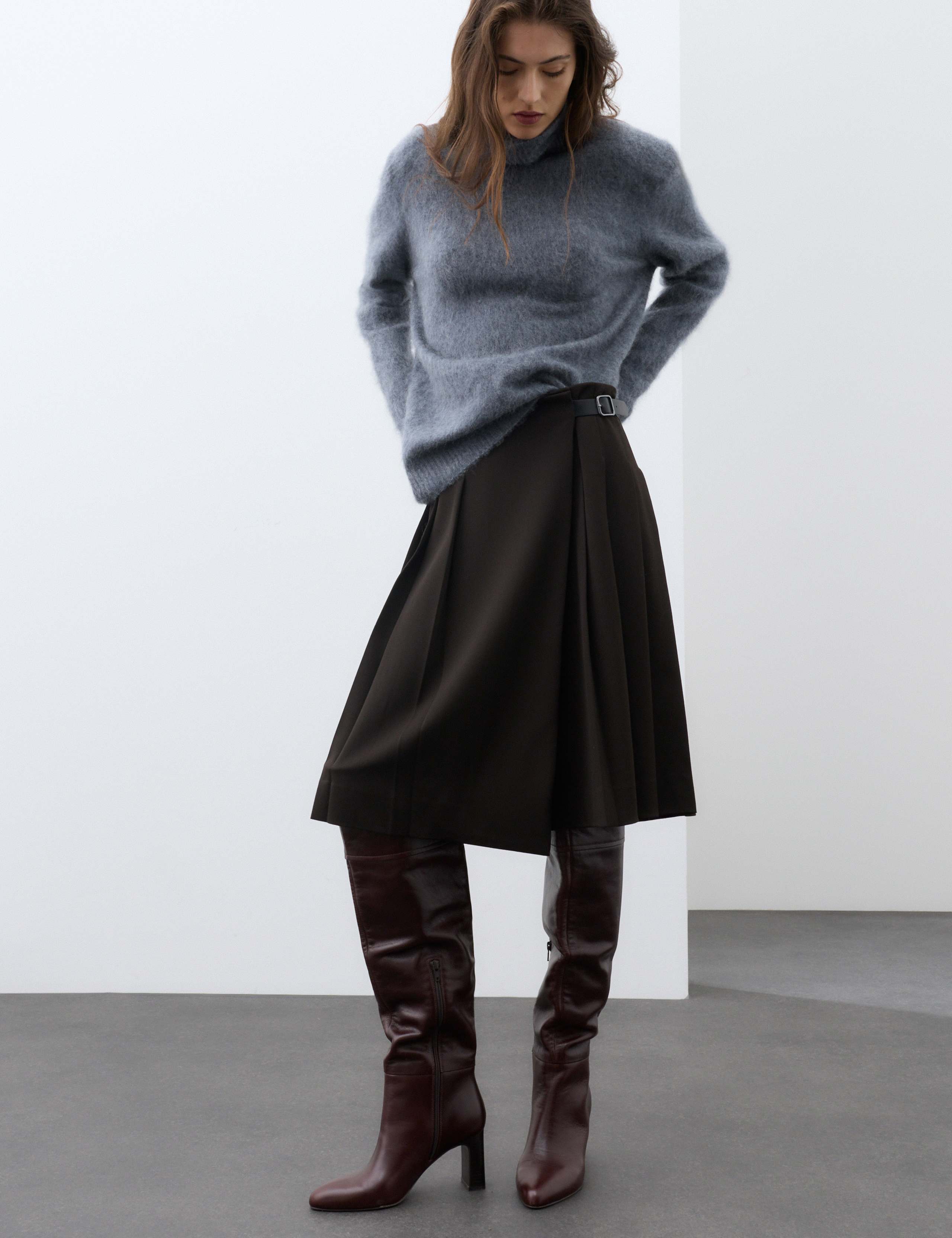 Wool Blend Pleated Midi Kilt Skirt 3 of 7