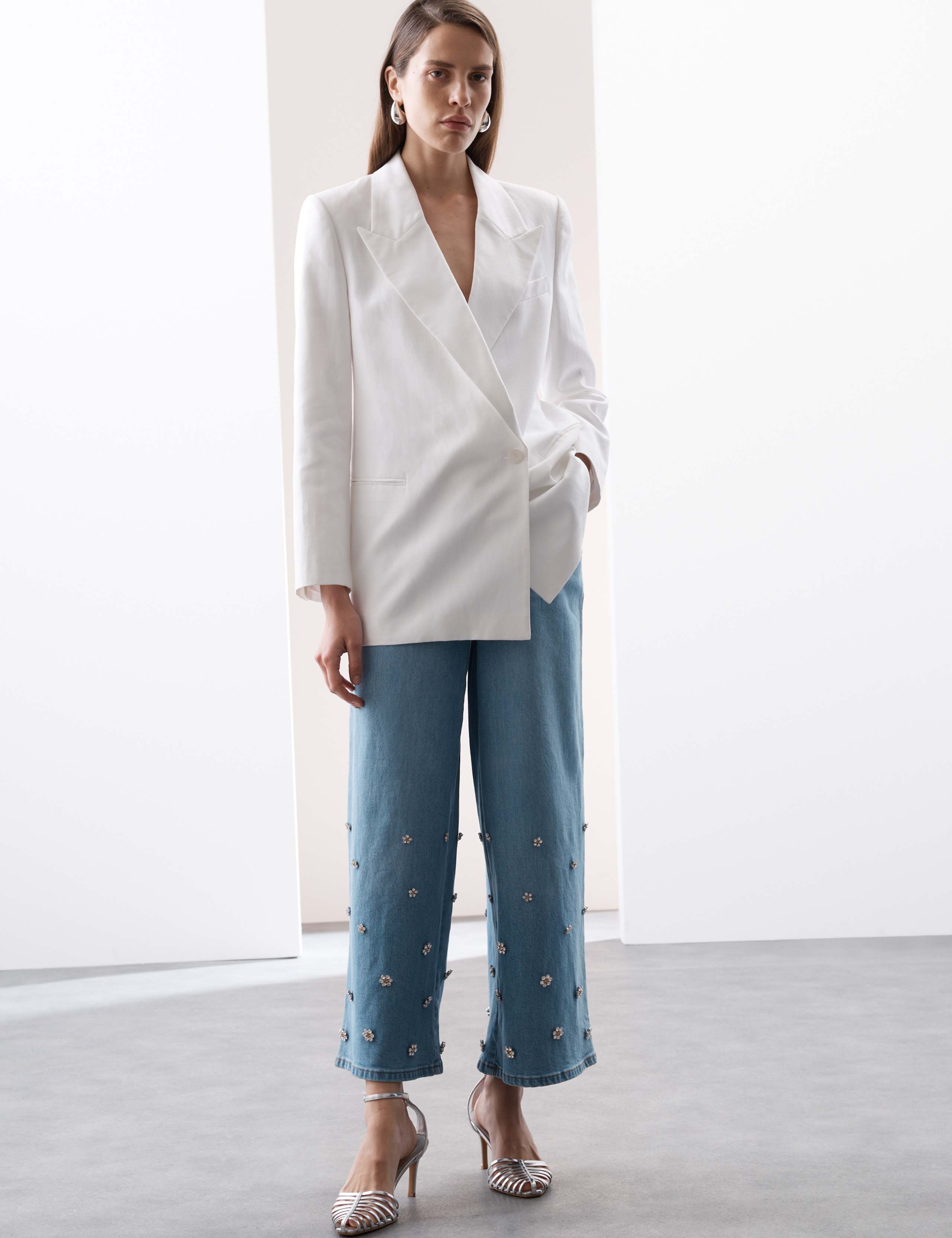 Denim High Waisted Embellished Wide Leg Jeans 1 of 6