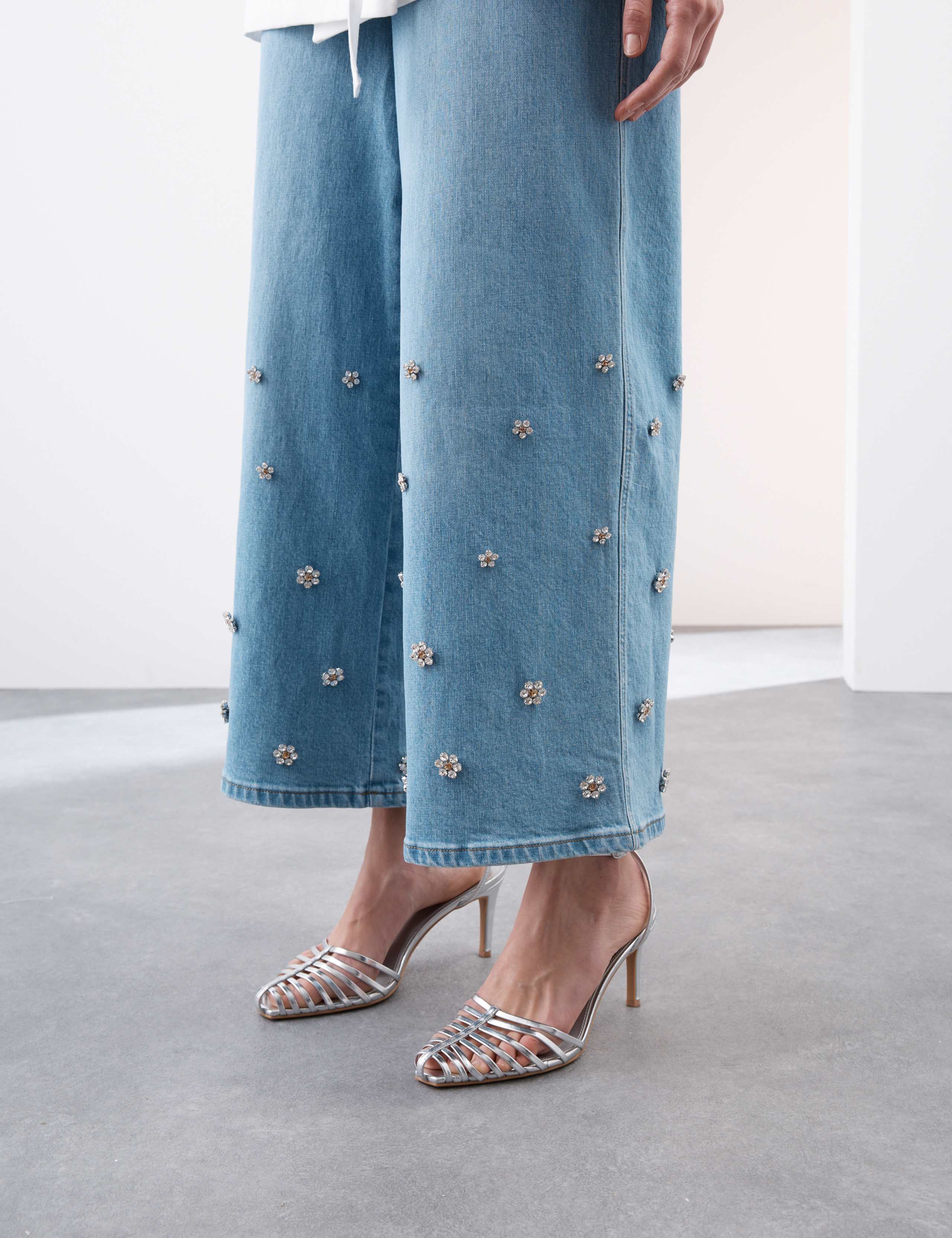 Denim High Waisted Embellished Wide Leg Jeans 3 of 6