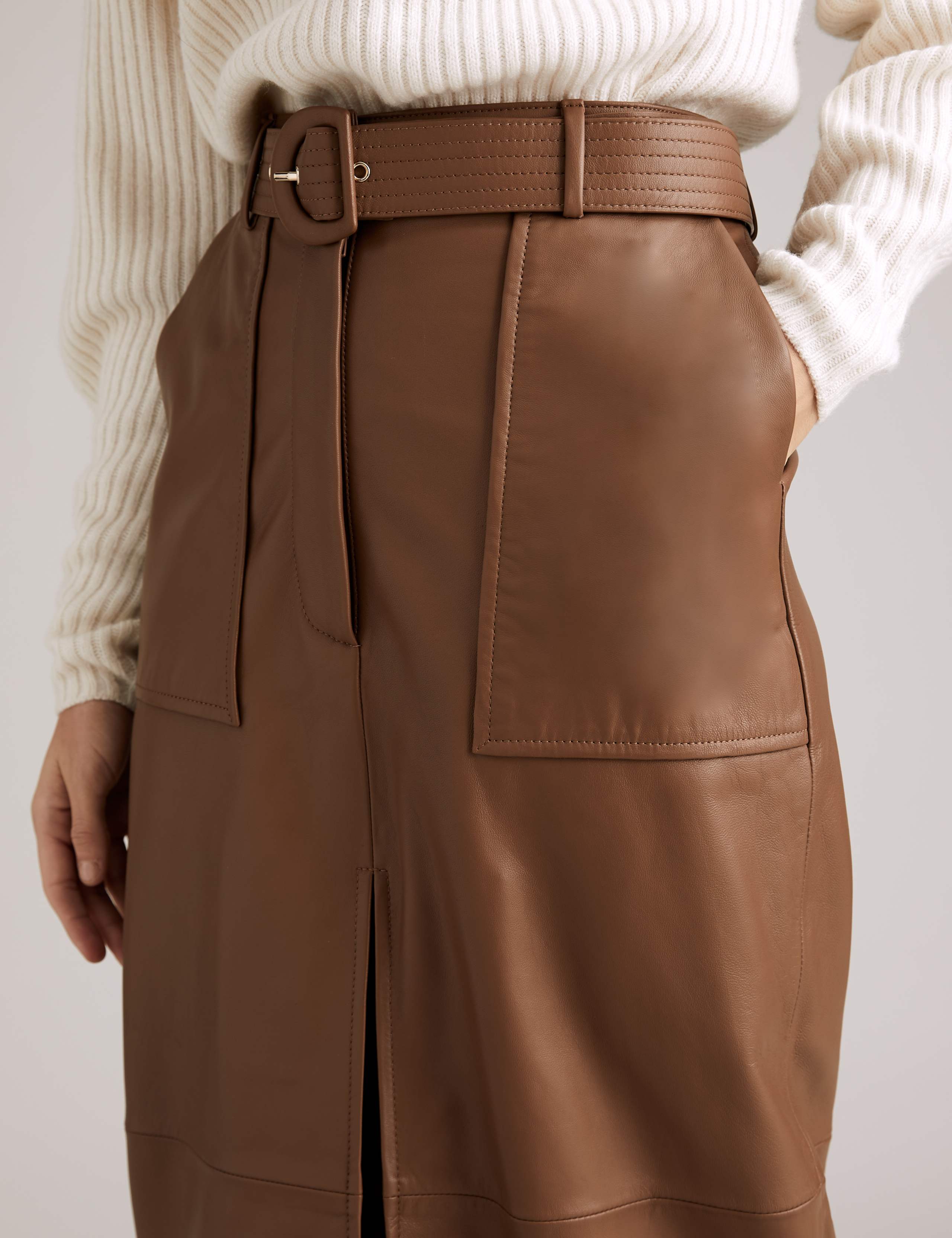 Leather Belted Midi Pencil Skirt 4 of 5