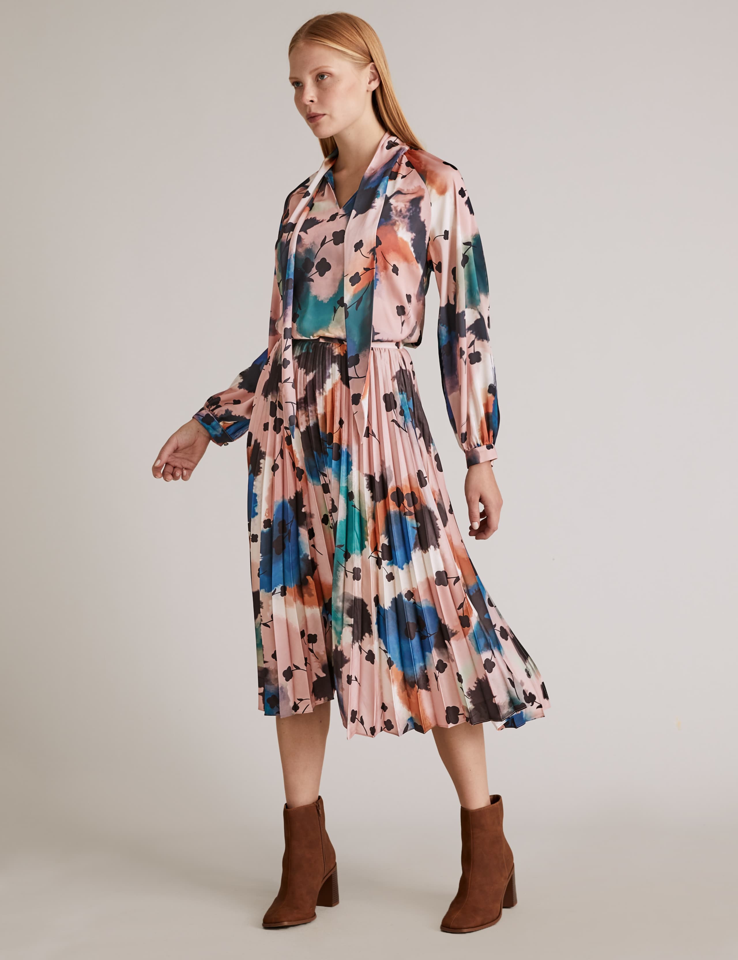 Abstract Floral Pleated Midi Skirt 1 of 4