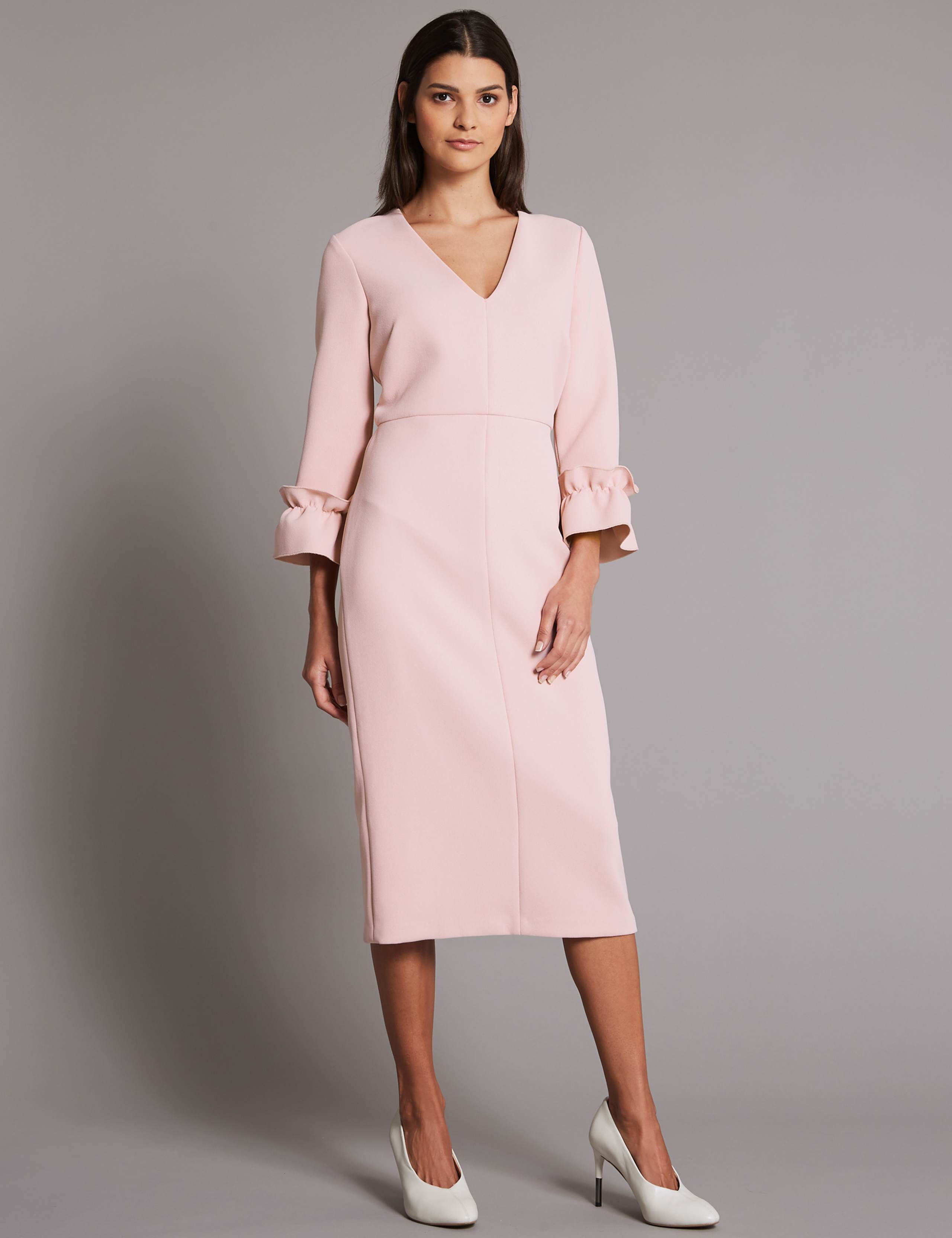 Ruffle Cuff 3/4 Sleeve Bodycon Midi Dress 3 of 5