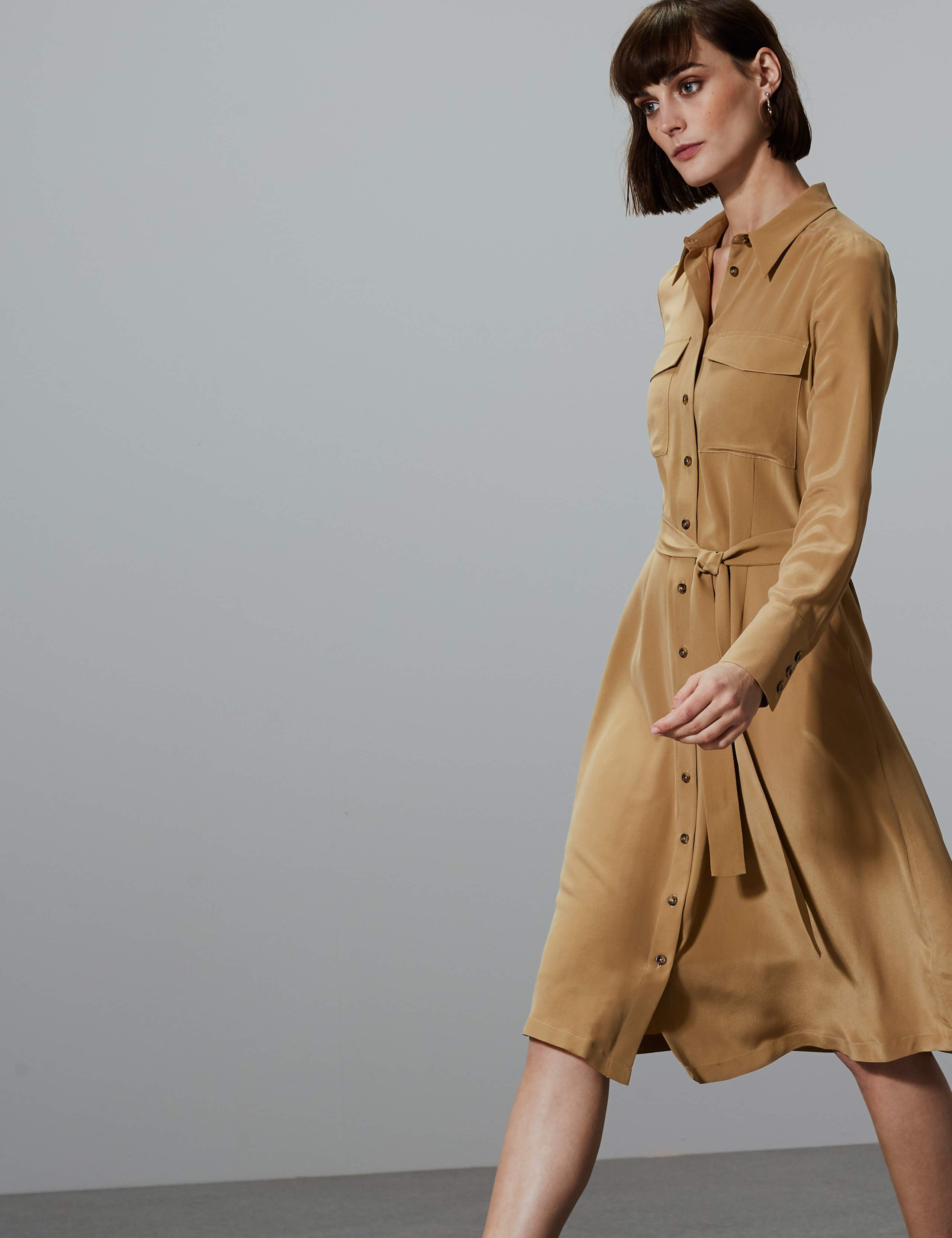 Pure Silk Patch Pocket Shirt Midi Dress 1 of 4