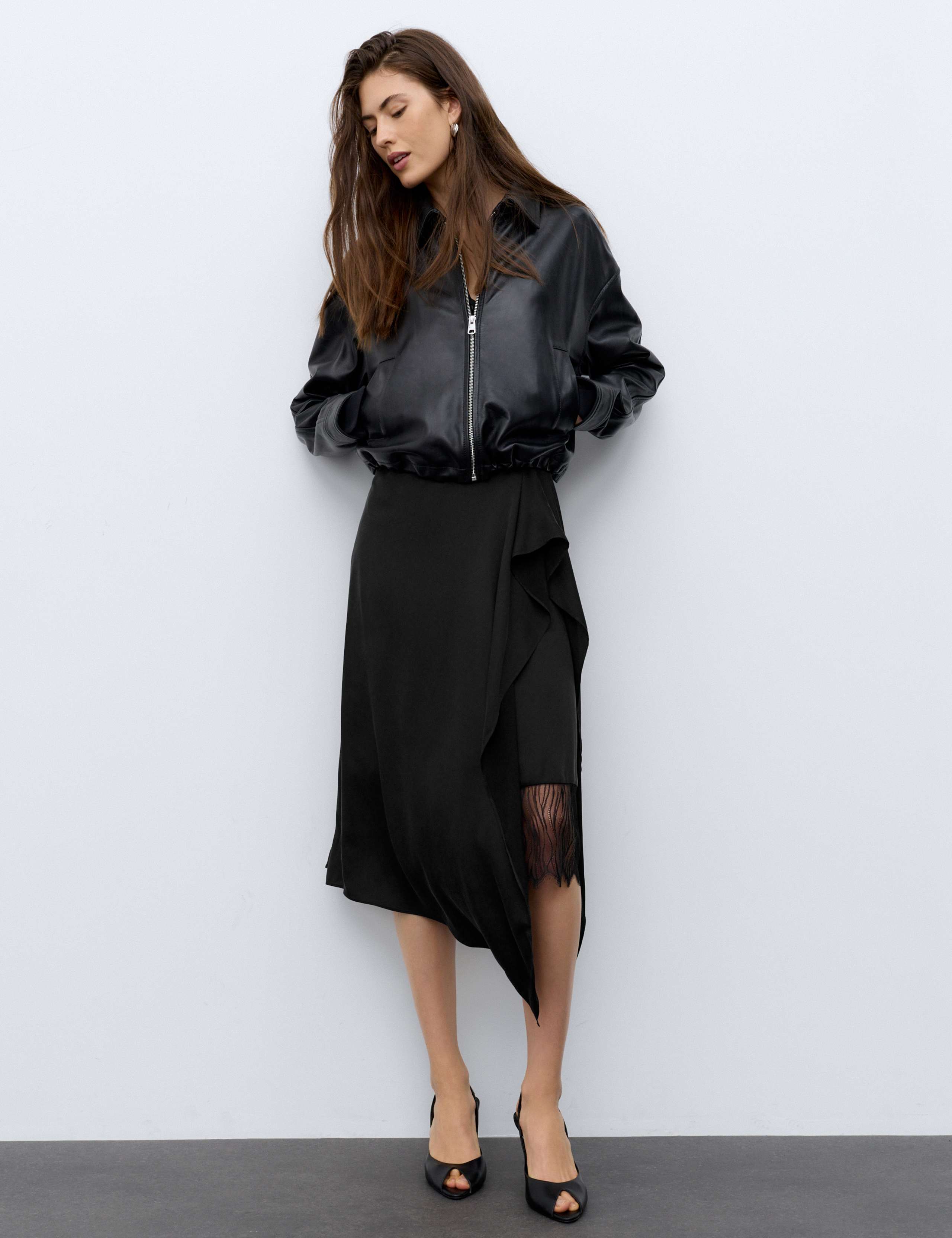 Silk Blend Lace Detail Midi Asymmetric Skirt 1 of 6