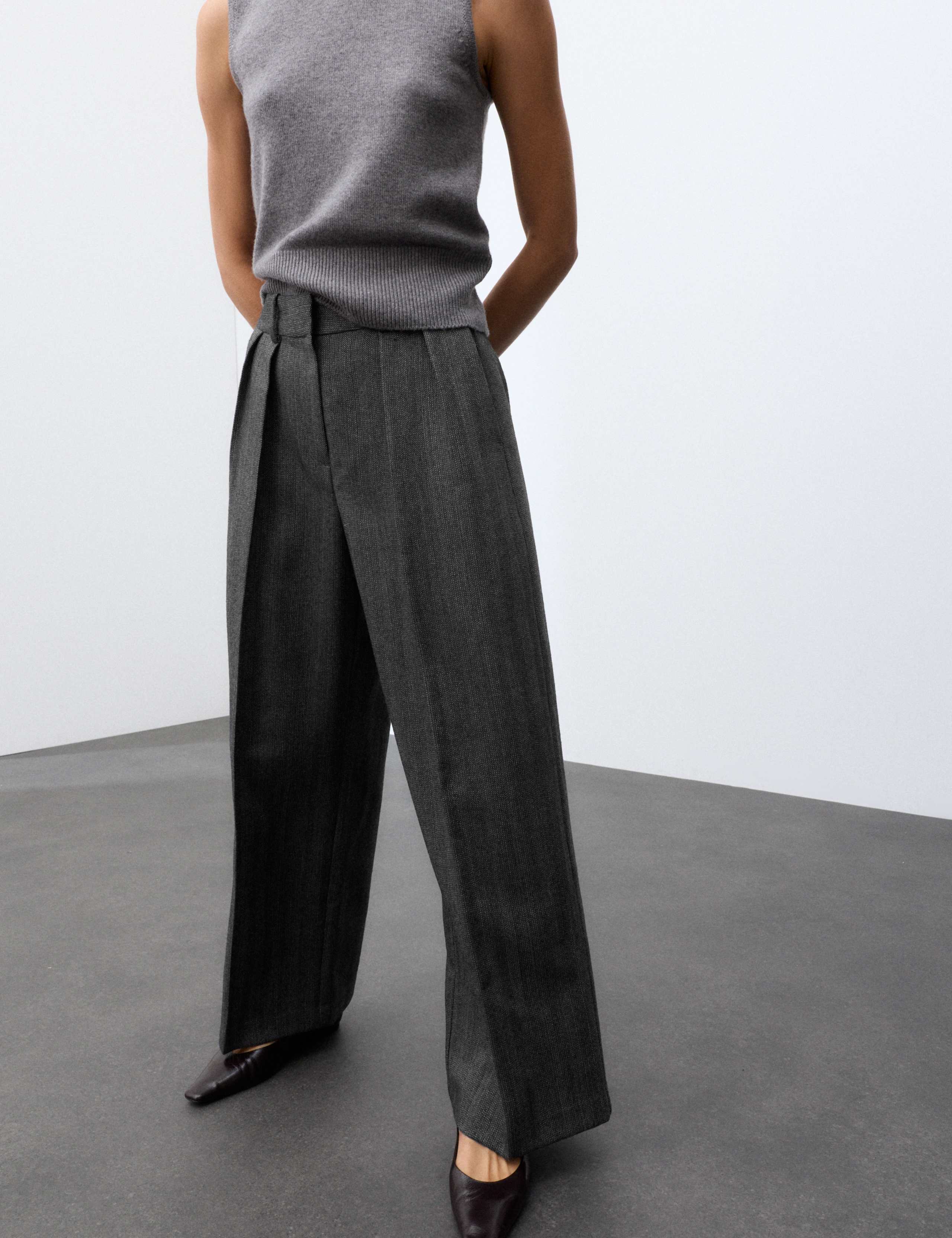 Pure Wool Herringbone Wide Leg Trousers 6 of 7
