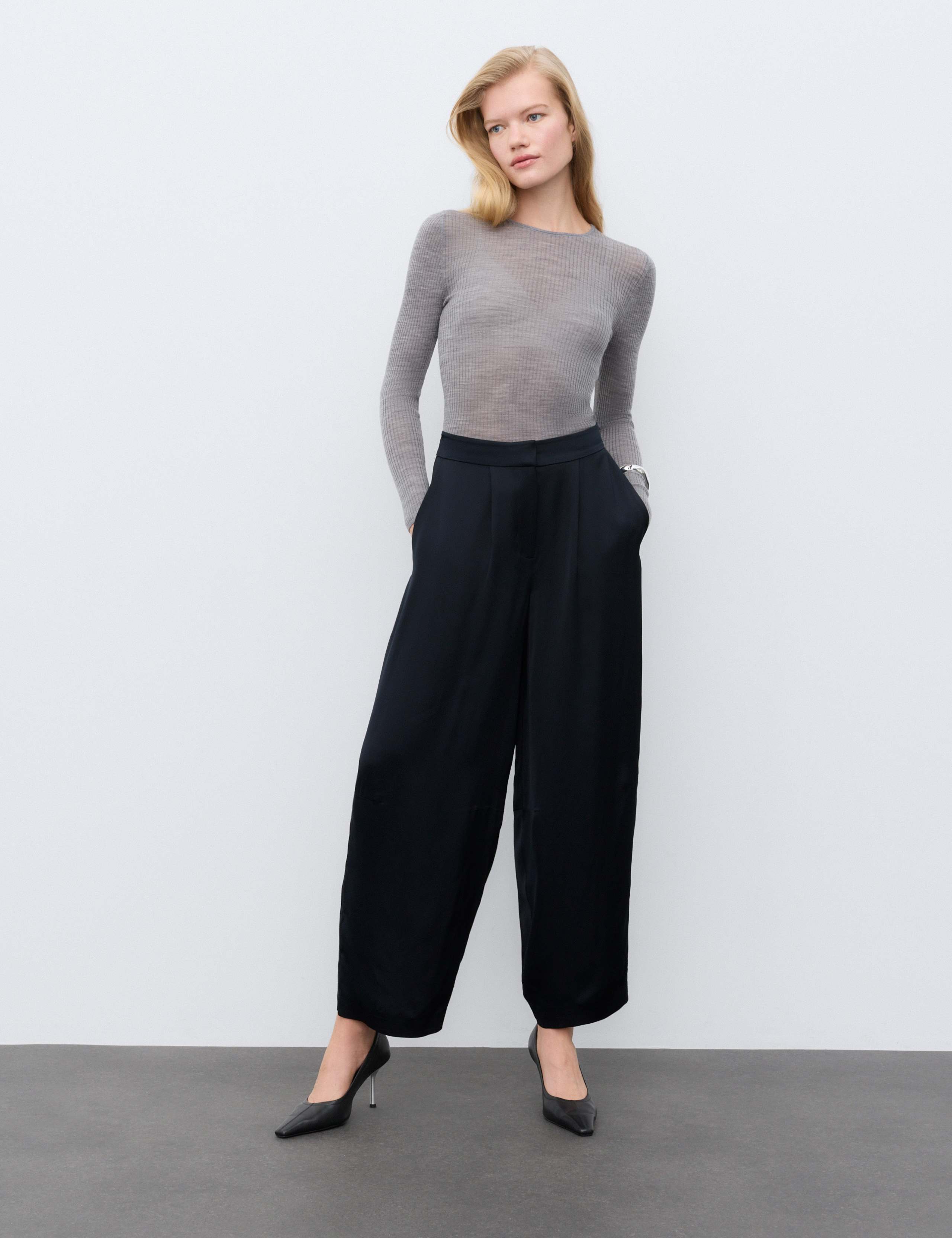 Satin Pleat Front Barrel Leg Cropped Trousers 1 of 7