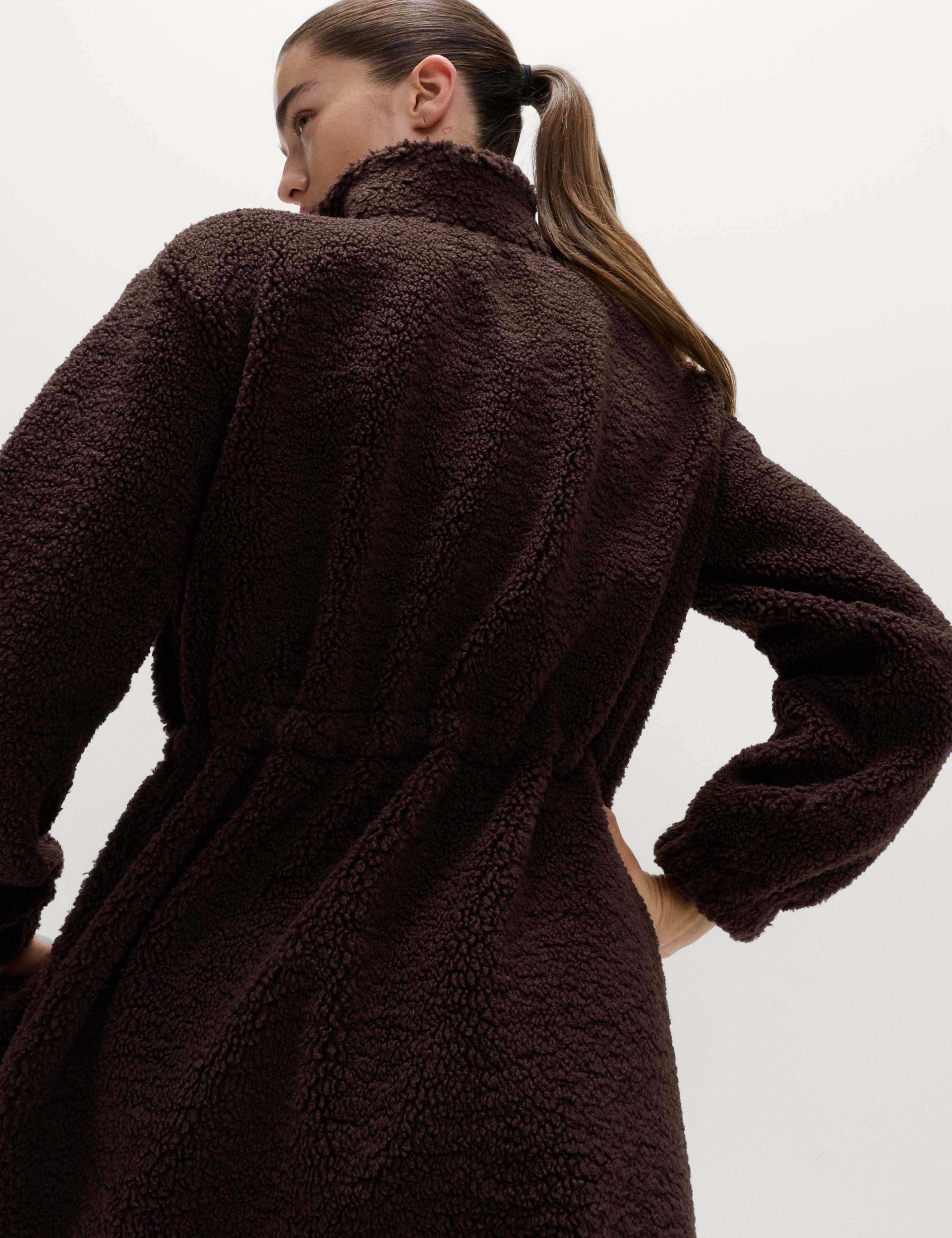 Faux Shearling Fleece Funnel Neck Zip Up Coat 3 of 8