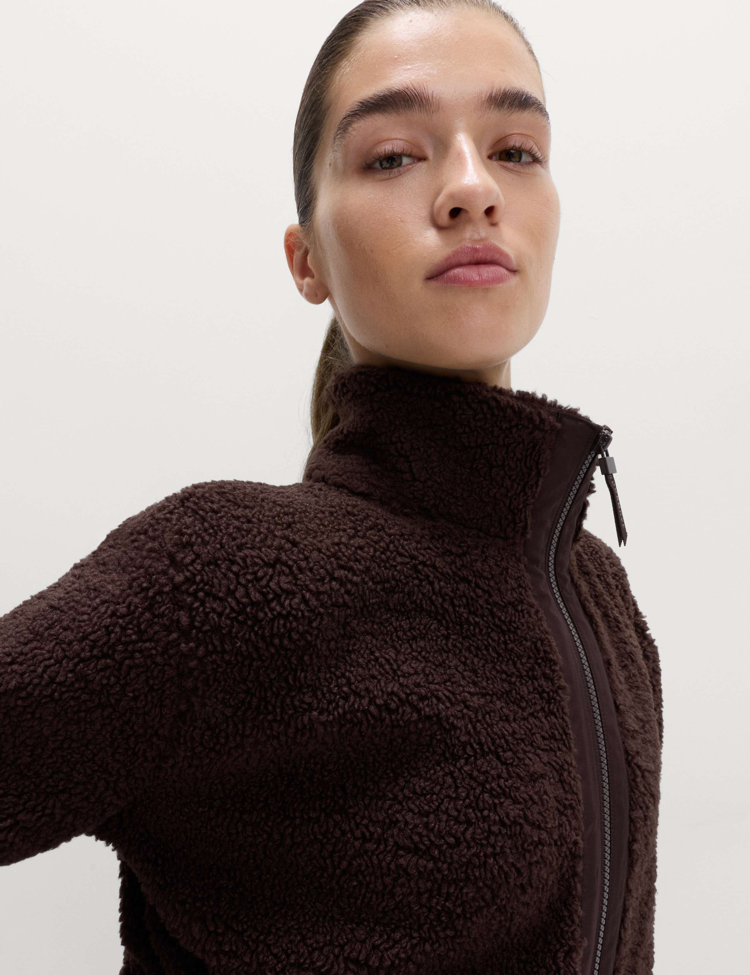 Faux Shearling Fleece Funnel Neck Zip Up Coat 4 of 8