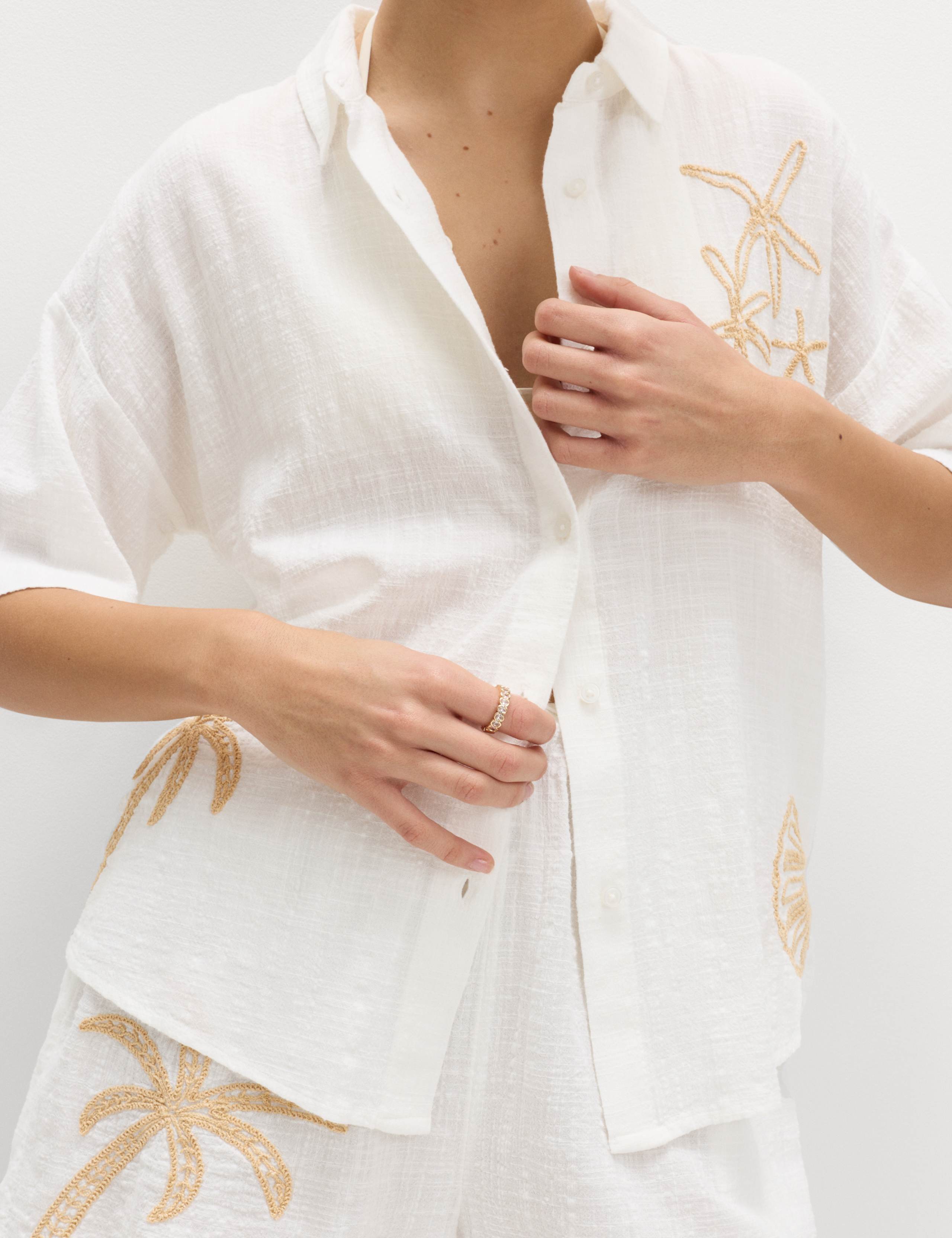 Cotton Rich Embroidered Short Sleeve Beach Shirt 1 of 6