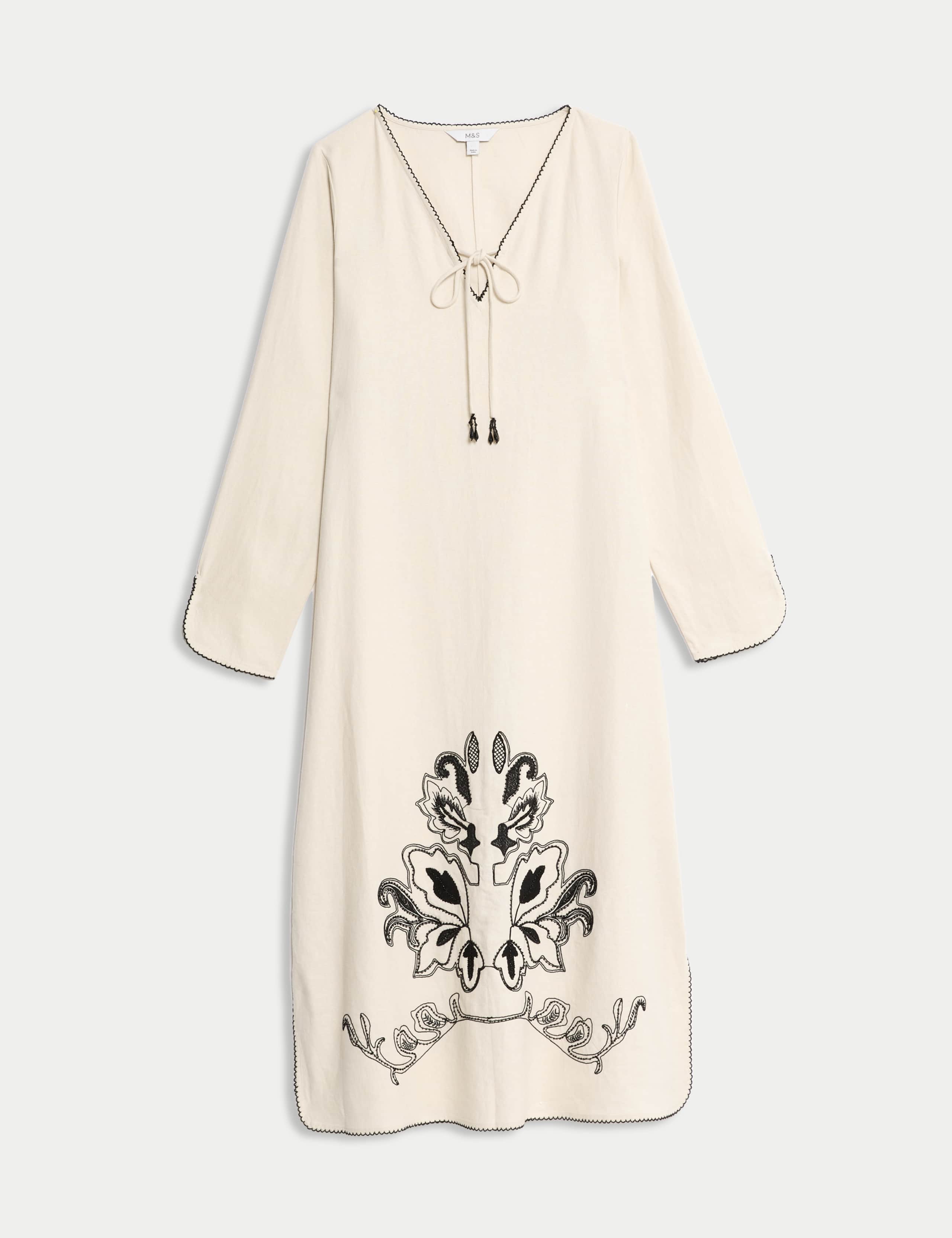 Linen Rich Embroidered Midi Shift Dress 2 of 6