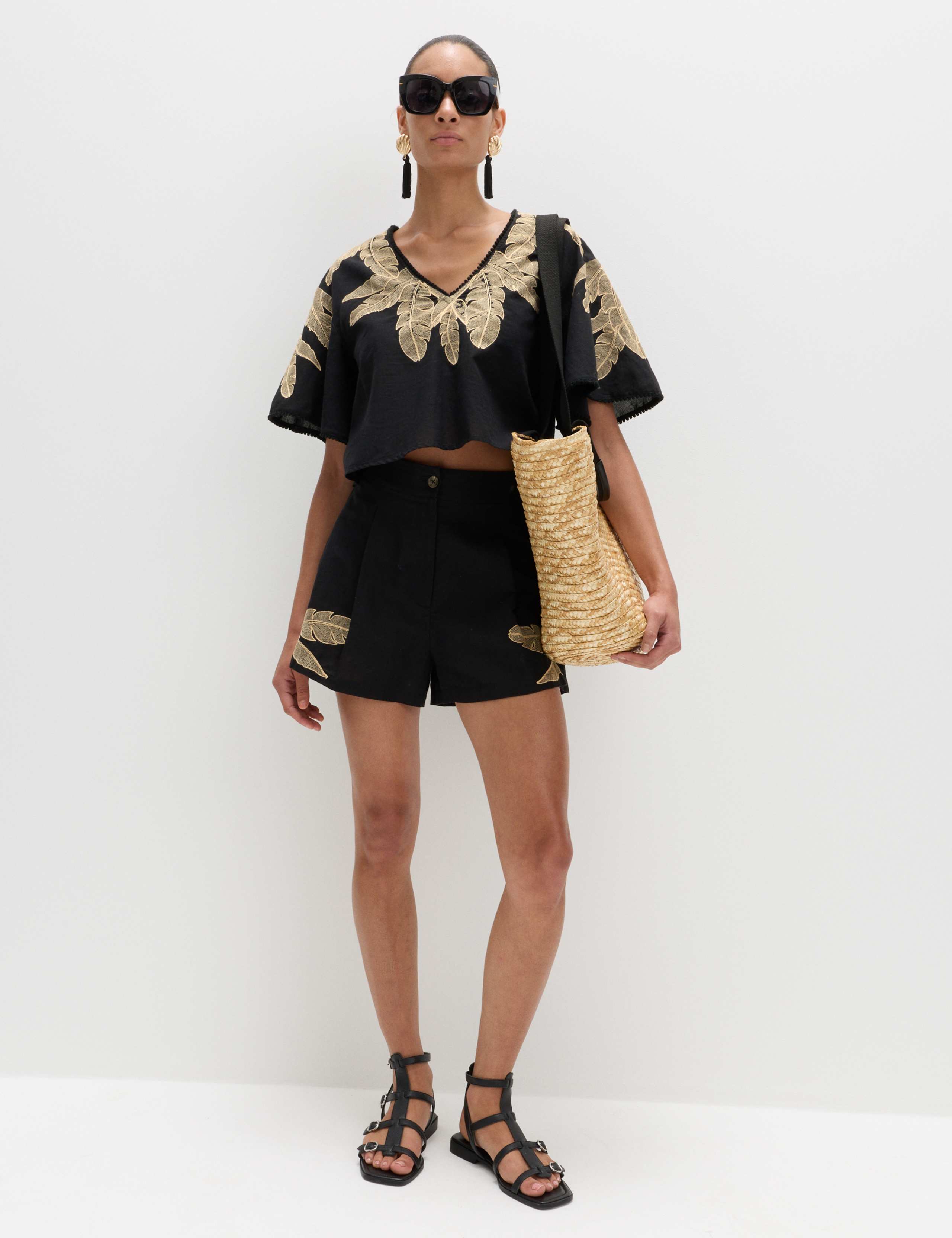 Cotton Rich Palm Embroidered Beach Shorts 1 of 6