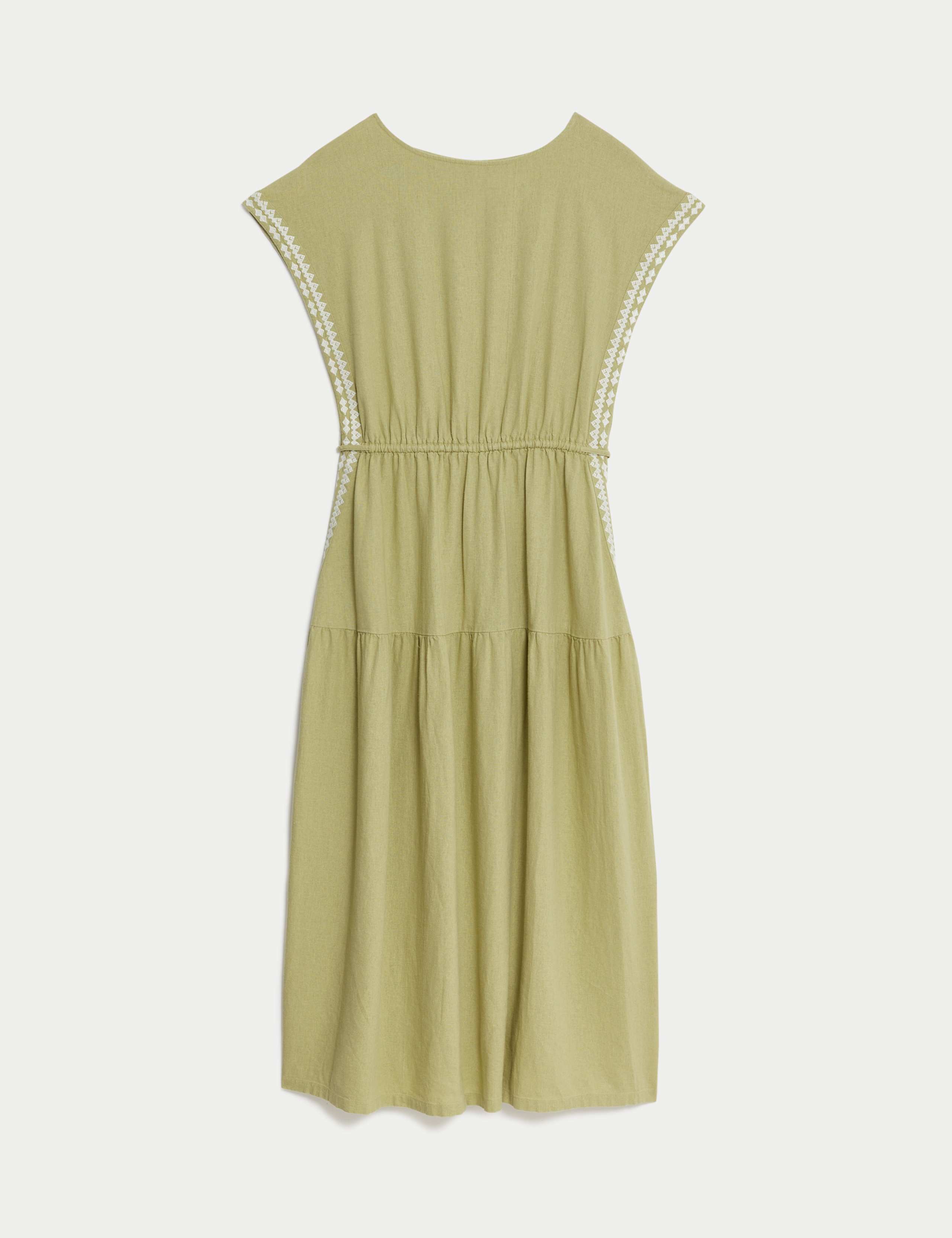Linen Rich Embroidered Tie Waist Midi Dress 1 of 1