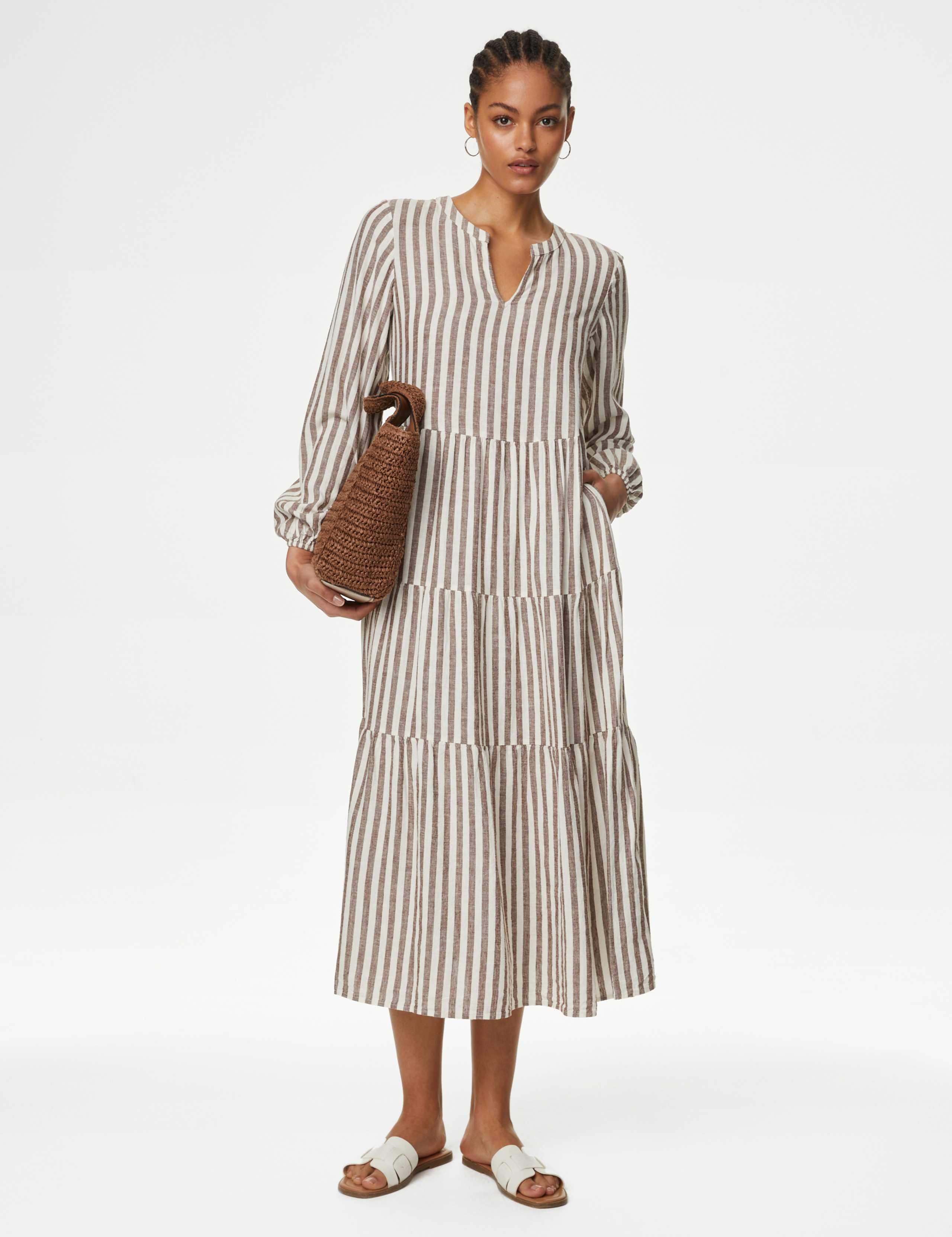 Linen Rich Striped V-Neck Midaxi Tiered Dress 2 of 4