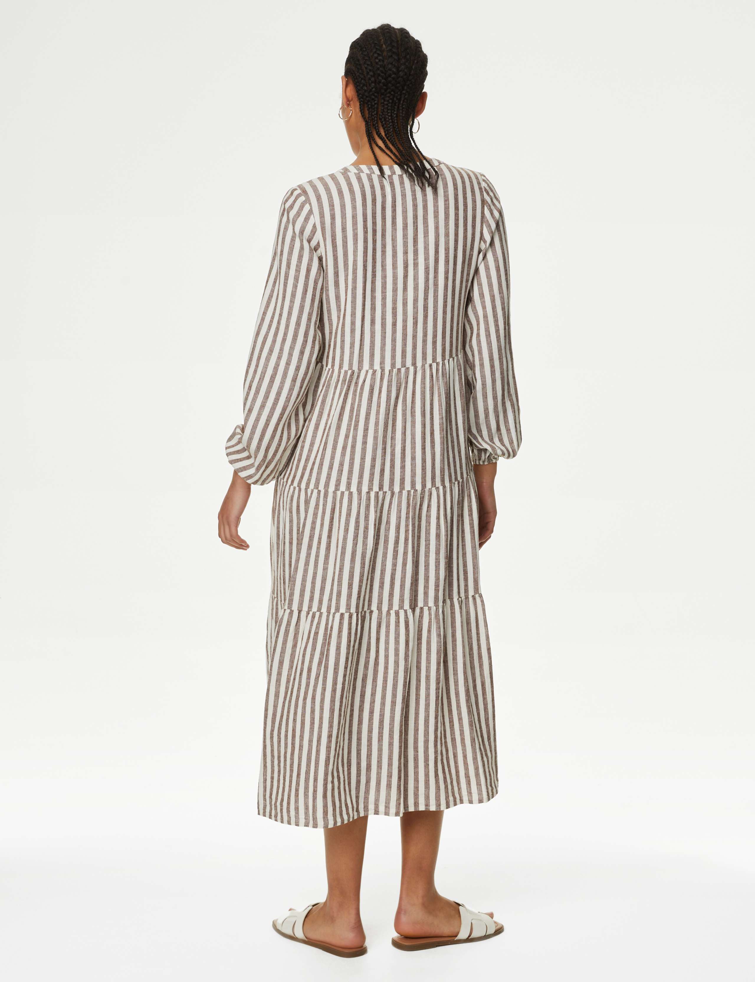 Linen Rich Striped V-Neck Midaxi Tiered Dress 4 of 4
