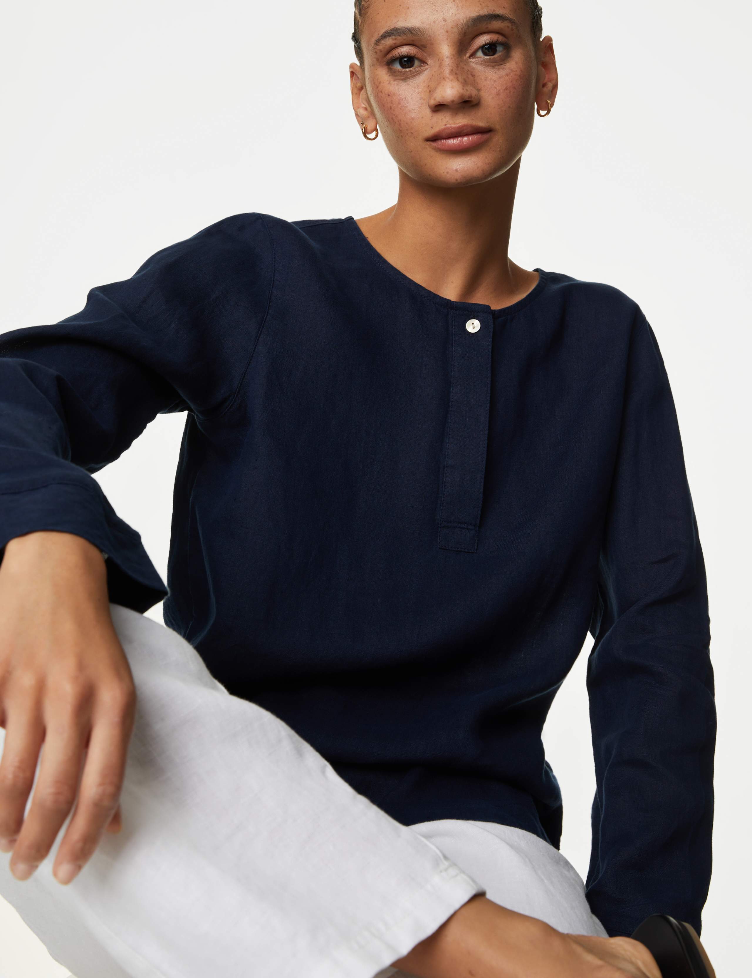 Pure Linen Long Sleeve Popover Blouse 1 of 5