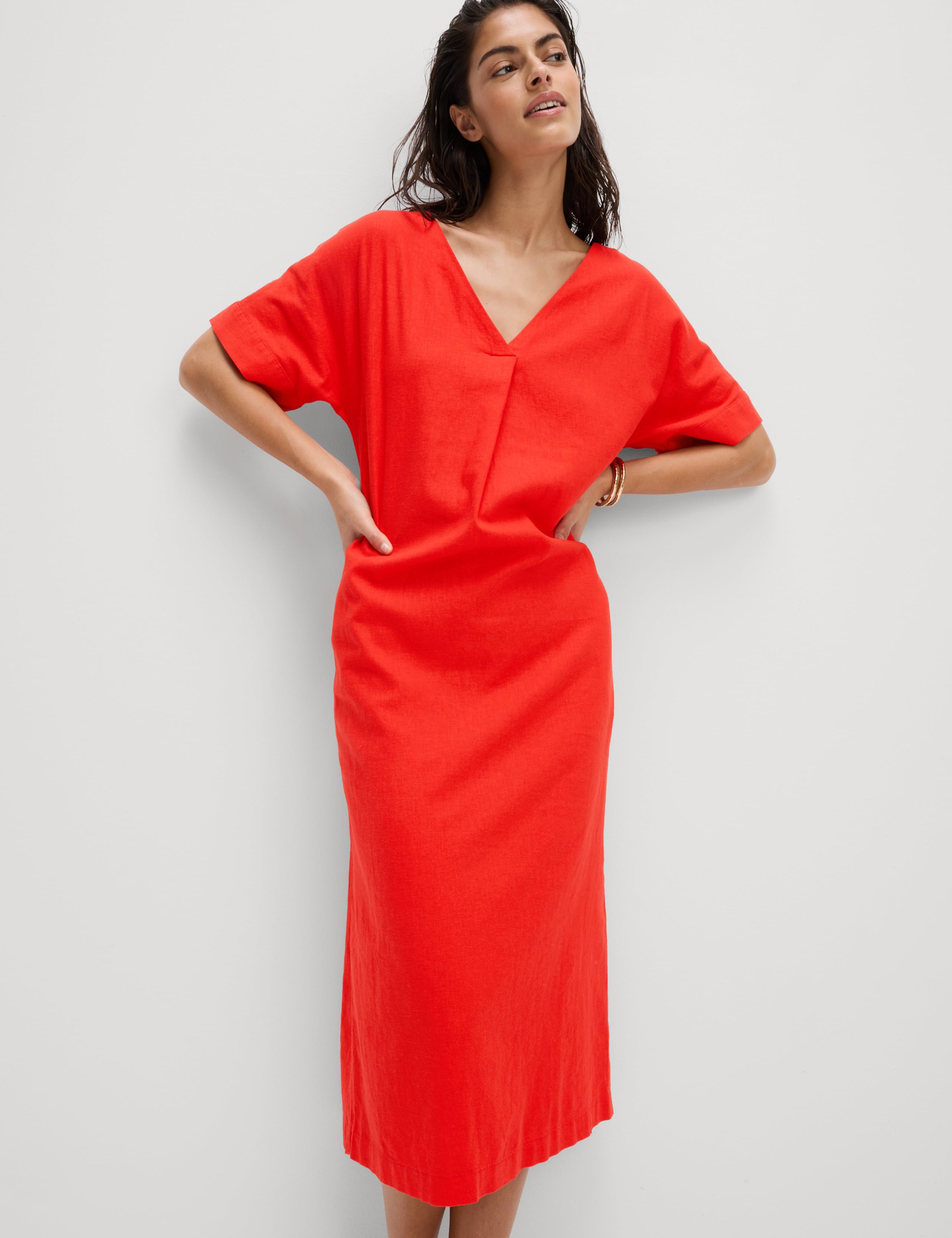 Linen Rich V-Neck Popover Midi Dress 3 of 6