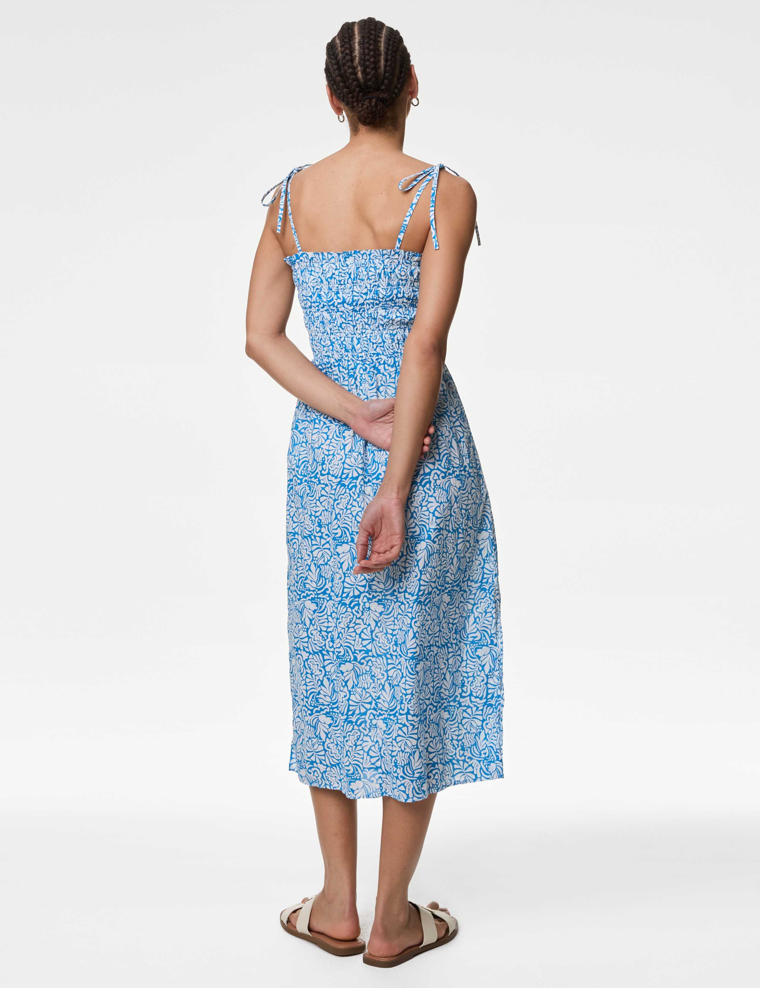 Pure Cotton Floral Shirred Midi Beach Dress 3 of 3