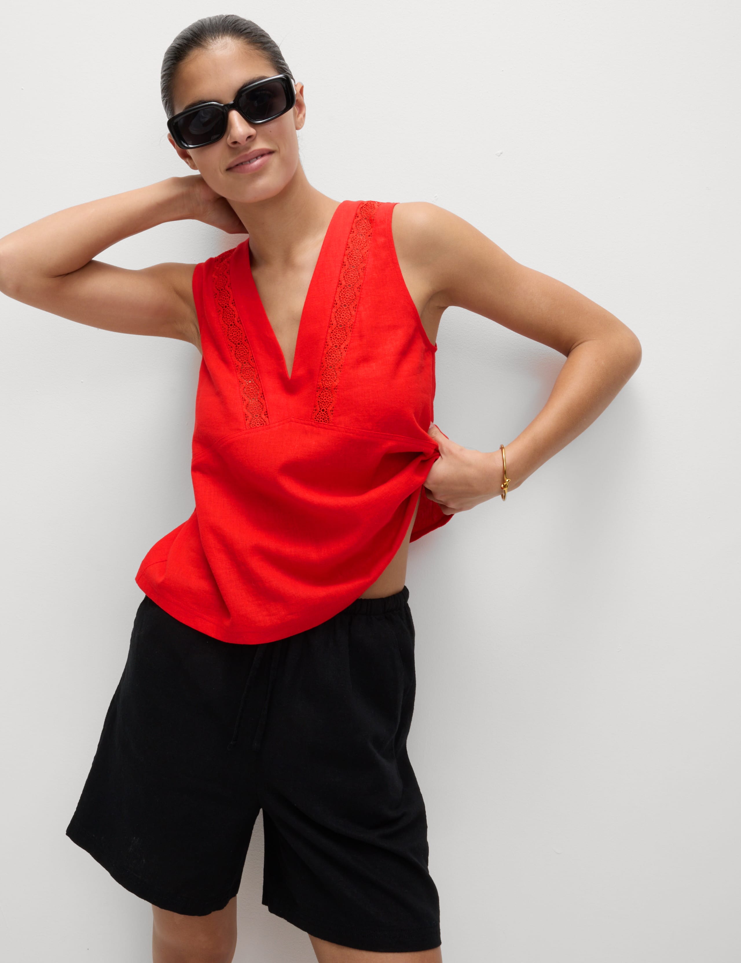 Linen Rich V-Neck Lace Insert Top 4 of 5