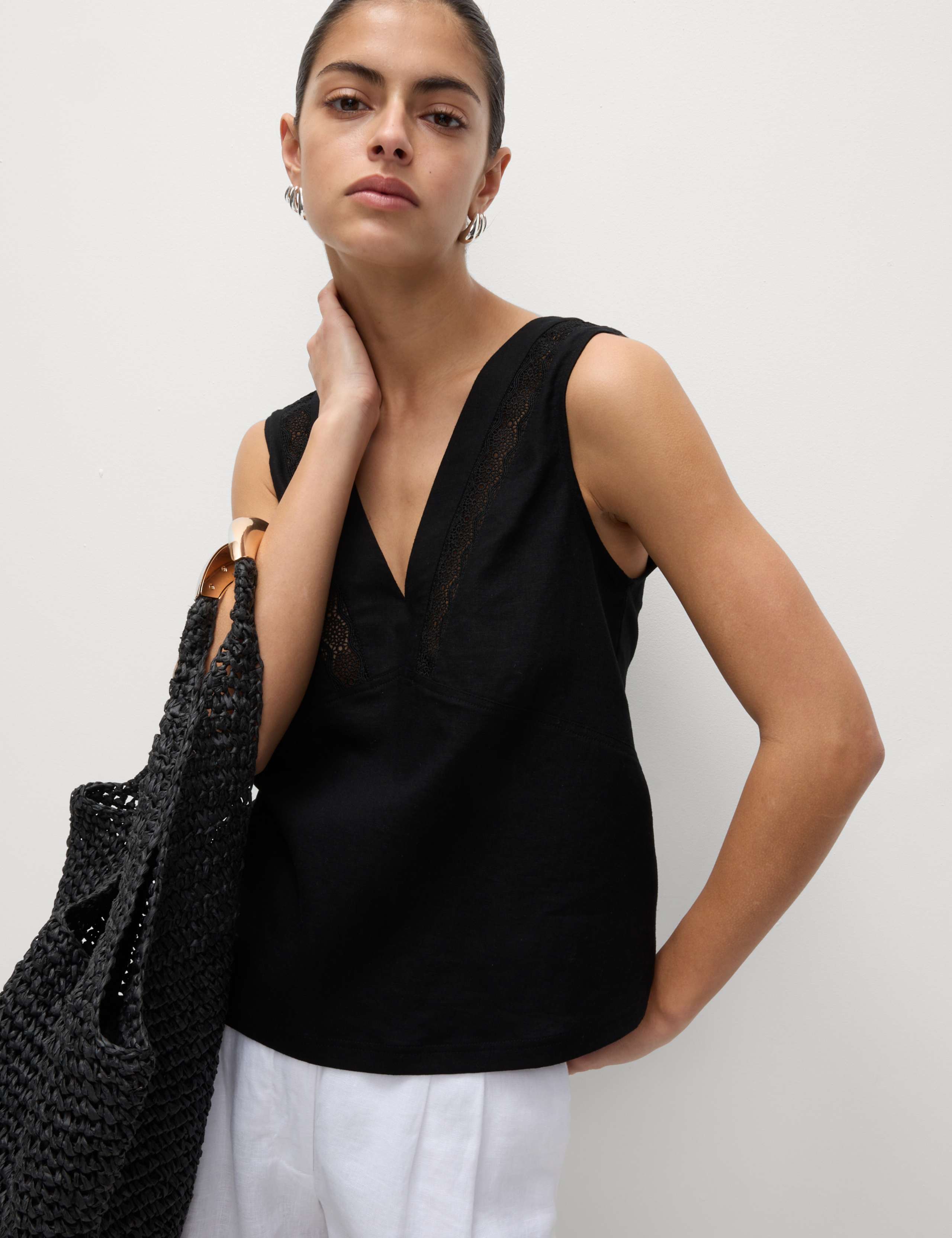 Linen Rich V-Neck Lace Insert Top 5 of 6