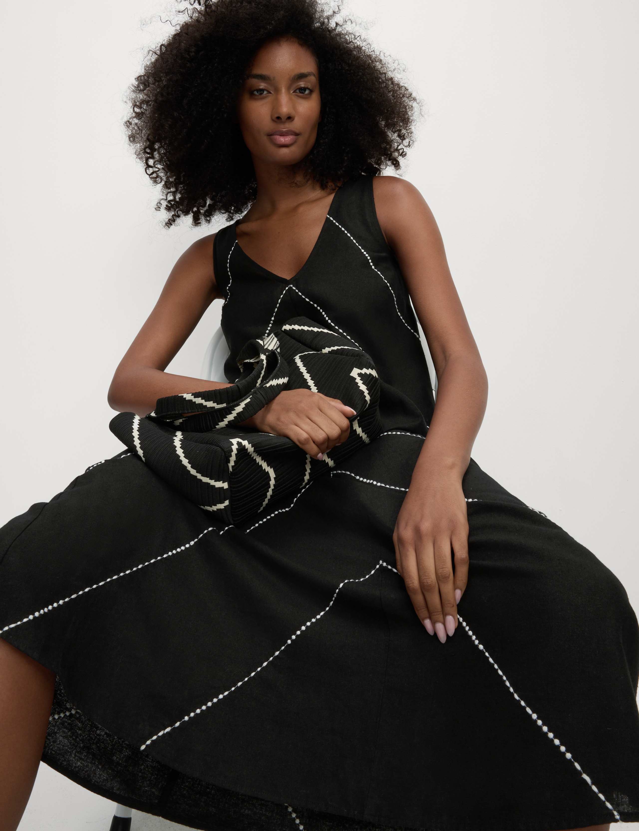 Linen Blend Embroidered Midaxi Shift Dress 1 of 5