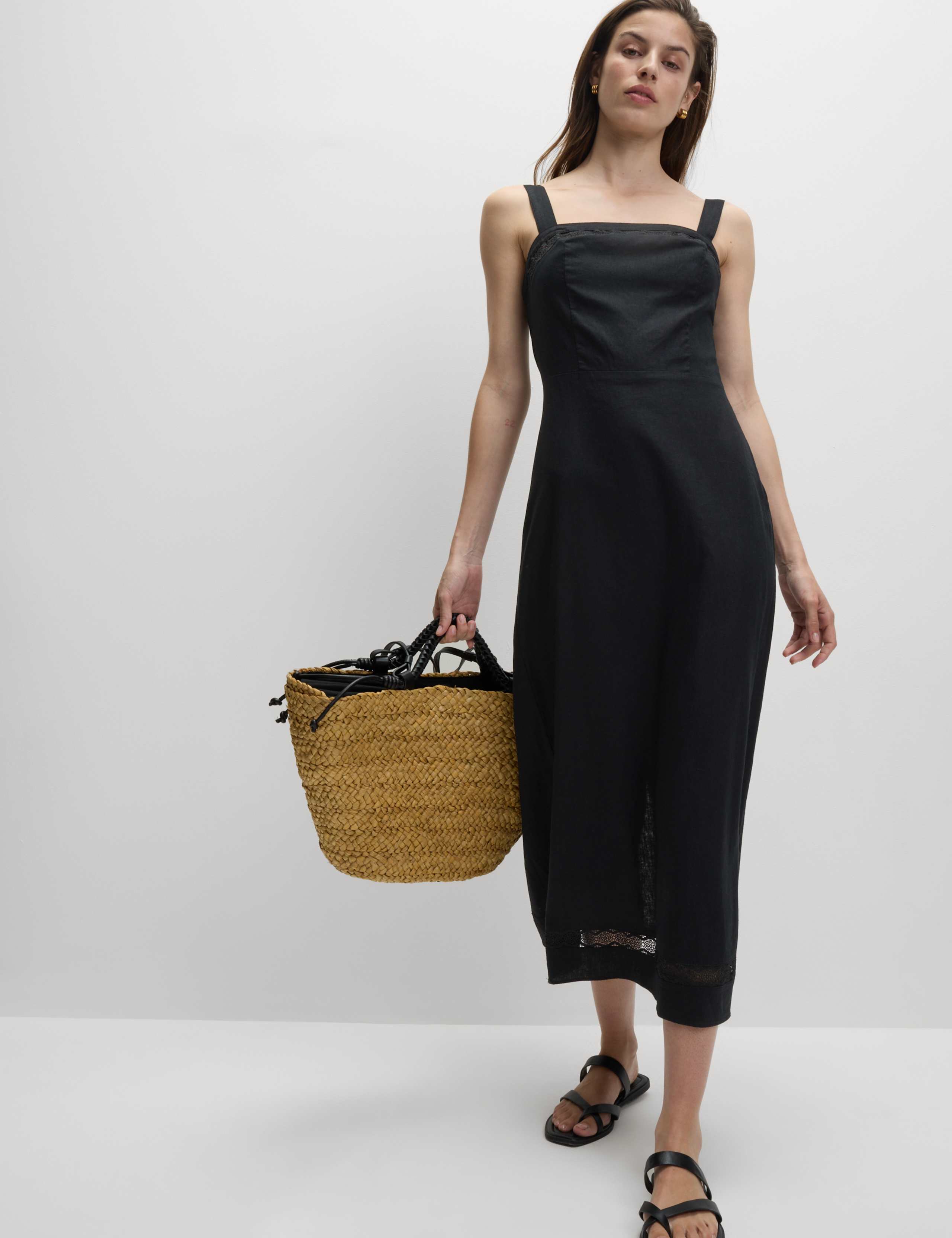 Linen Rich Square Neck Midi Shift Dress 3 of 6