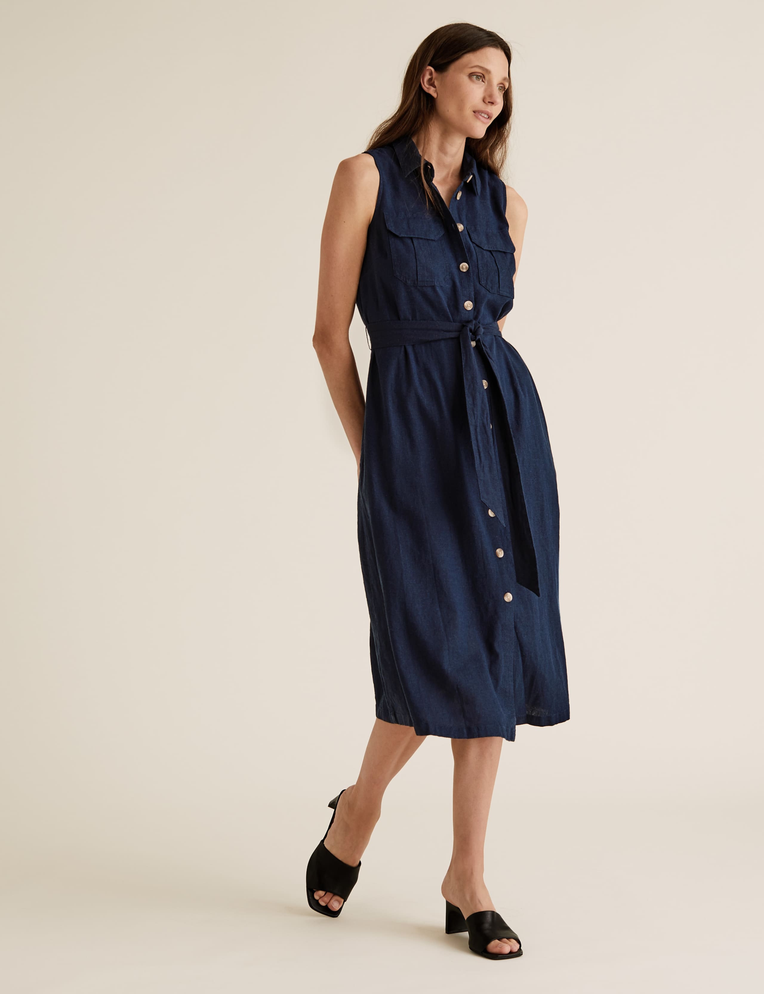 Linen Utility Midi Shirt Dress 3 of 5