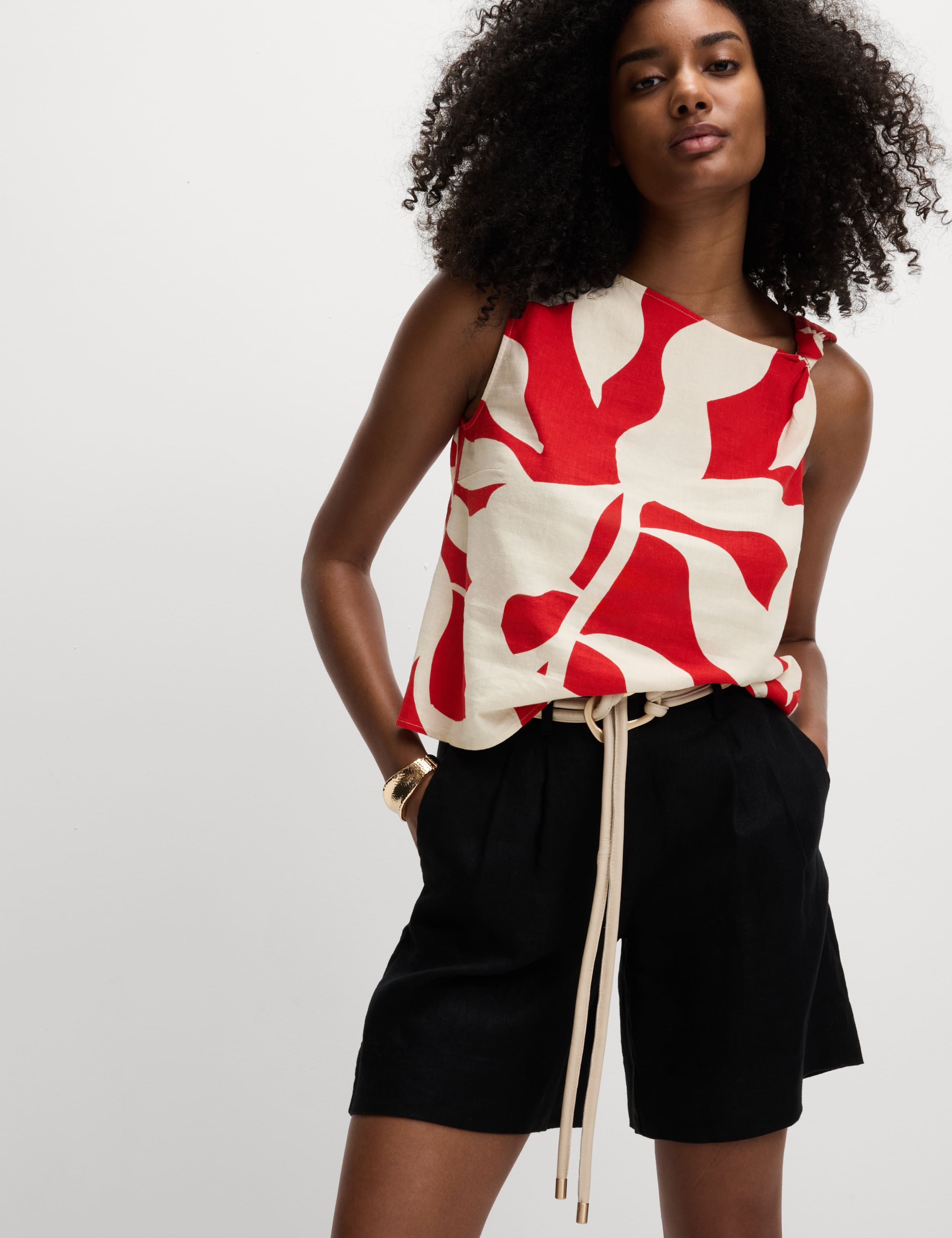 Linen Rich Printed Twist One Shoulder Top 3 of 5