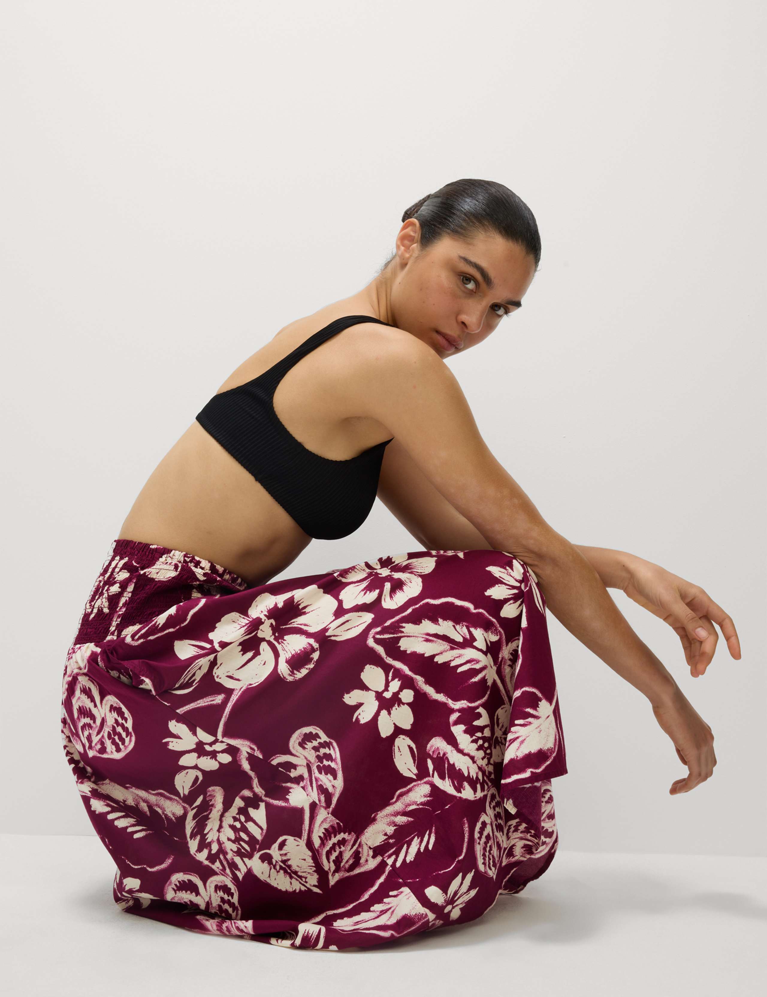 Pure Cotton Printed Shirred Midi Tiered Beach Skirt 1 of 6