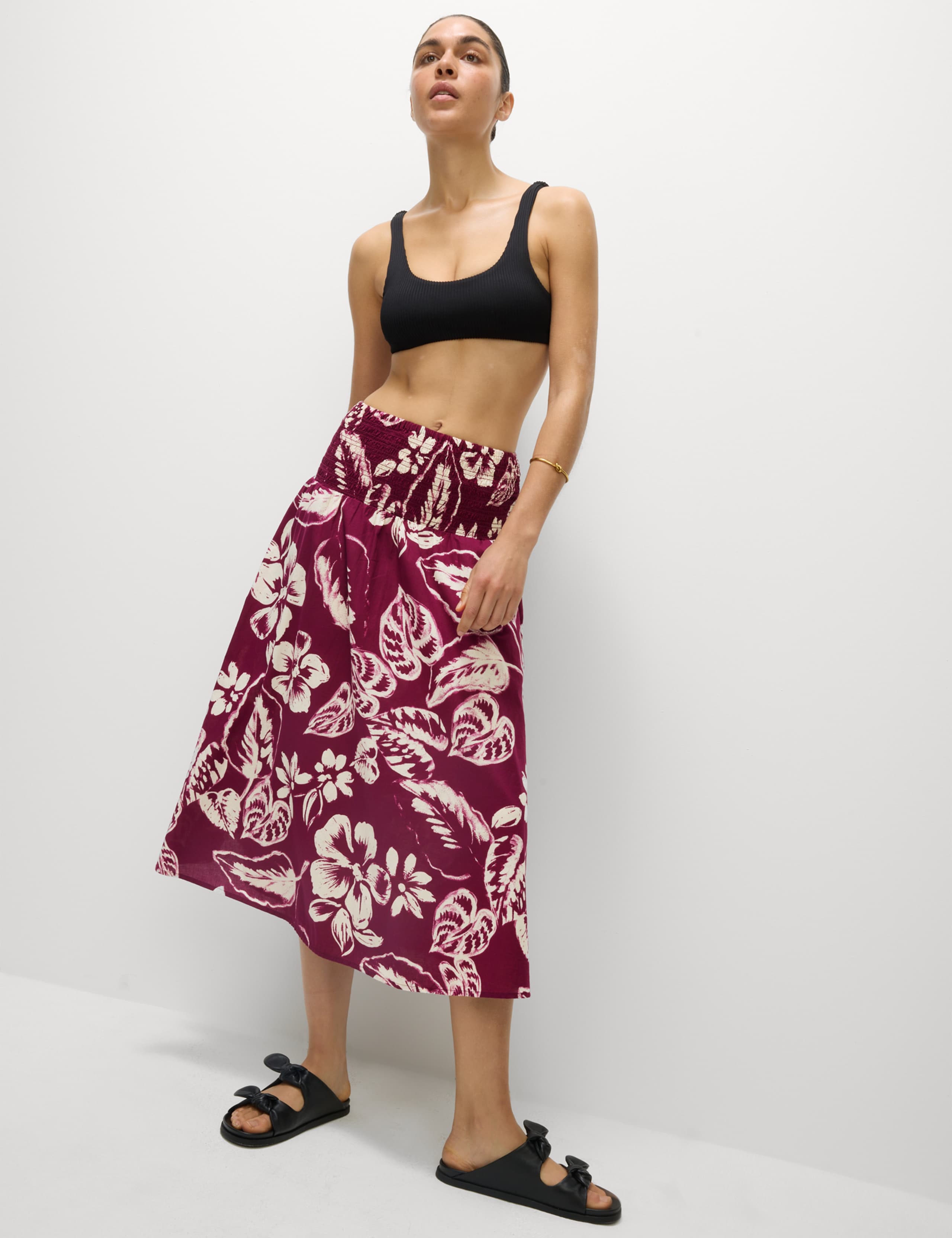 Pure Cotton Printed Shirred Midi Tiered Beach Skirt 3 of 6