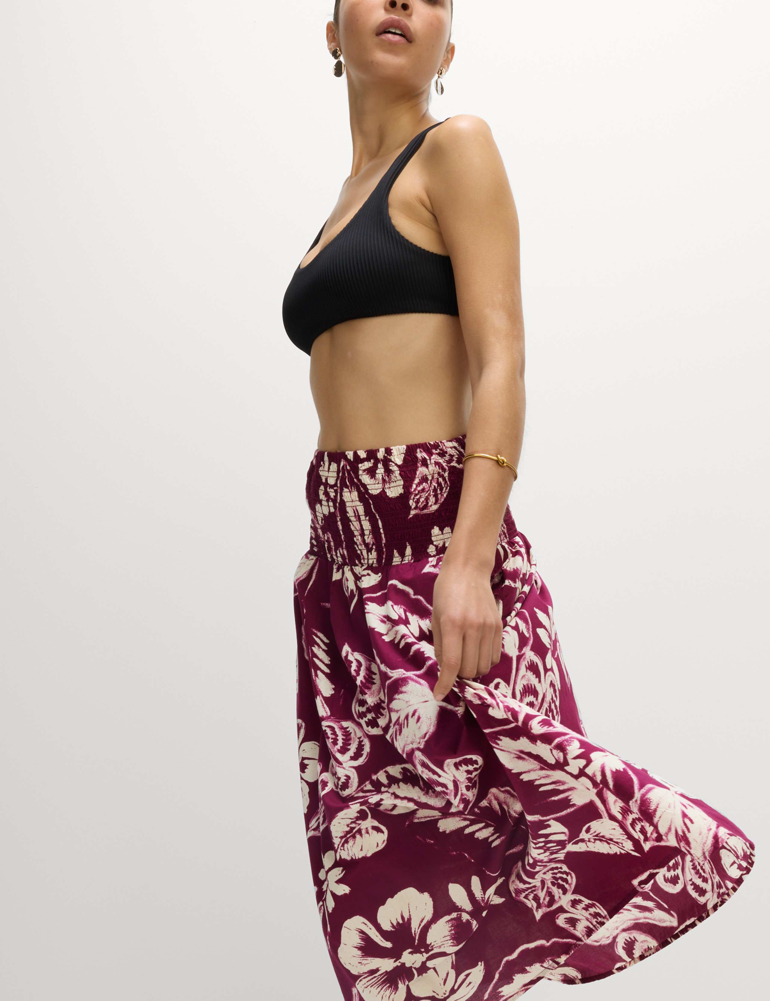 Pure Cotton Printed Shirred Midi Tiered Beach Skirt 6 of 6